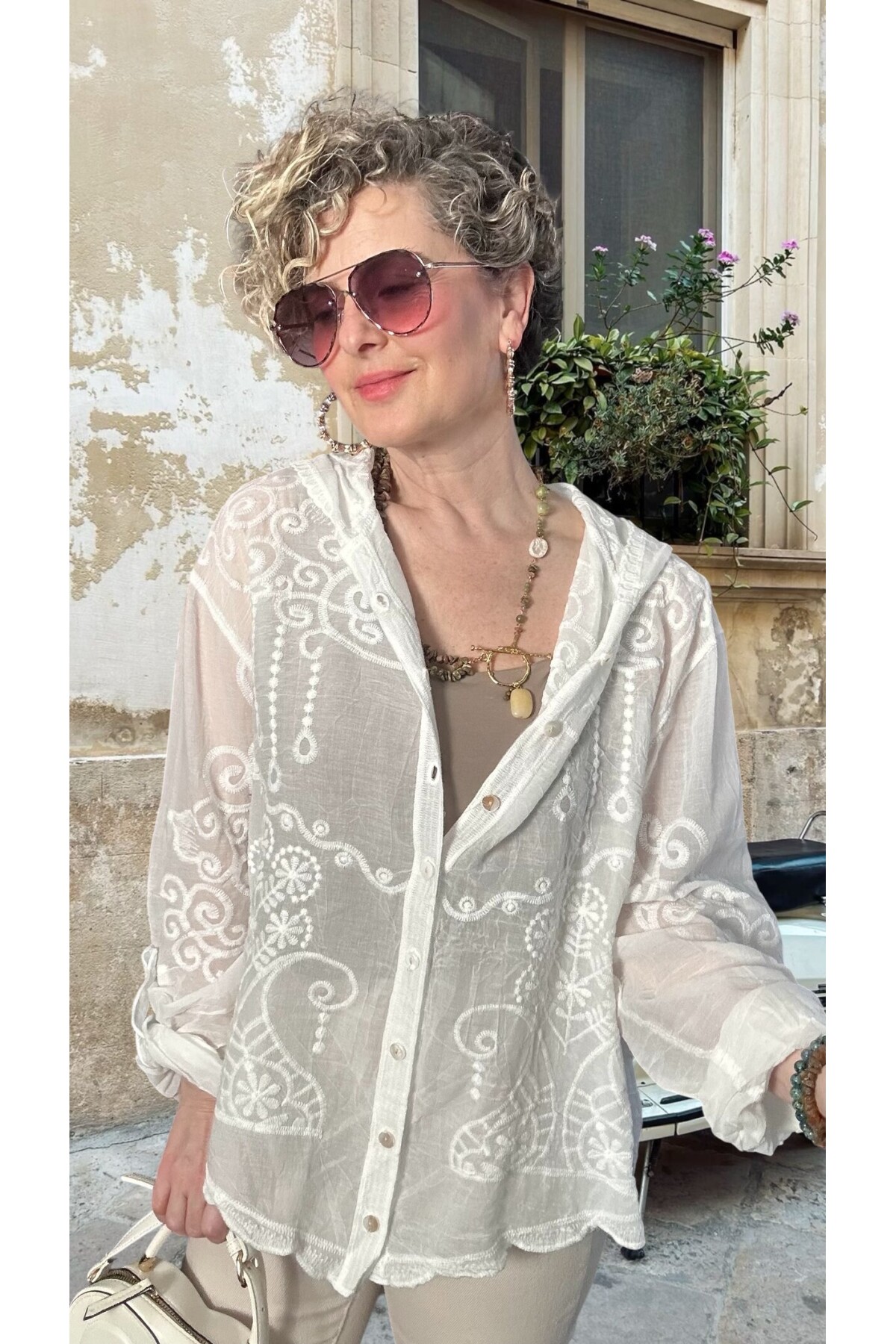 Bohho İthal Kapüşonlu Nakışlı Gömlek Ceket Beyaz