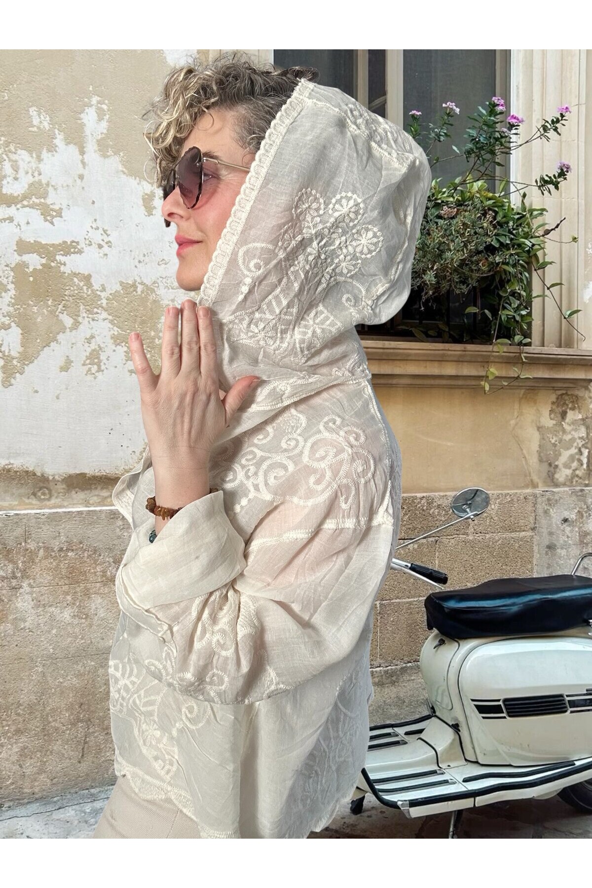 Bohho İthal Kapüşonlu Nakışlı Gömlek Ceket Ekru