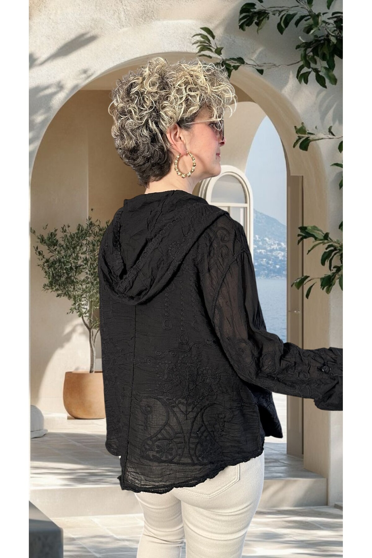 Bohho İthal Kapüşonlu Nakışlı Gömlek Ceket Siyah