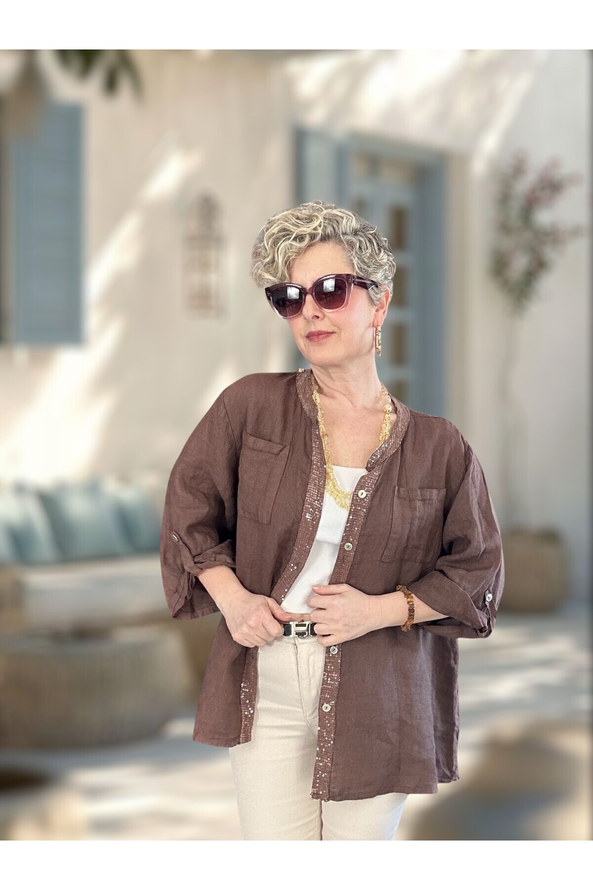 Brezza Payet İşlemeli & Sırtı Güpürlü Premium Linen Gömlek Kahverengi