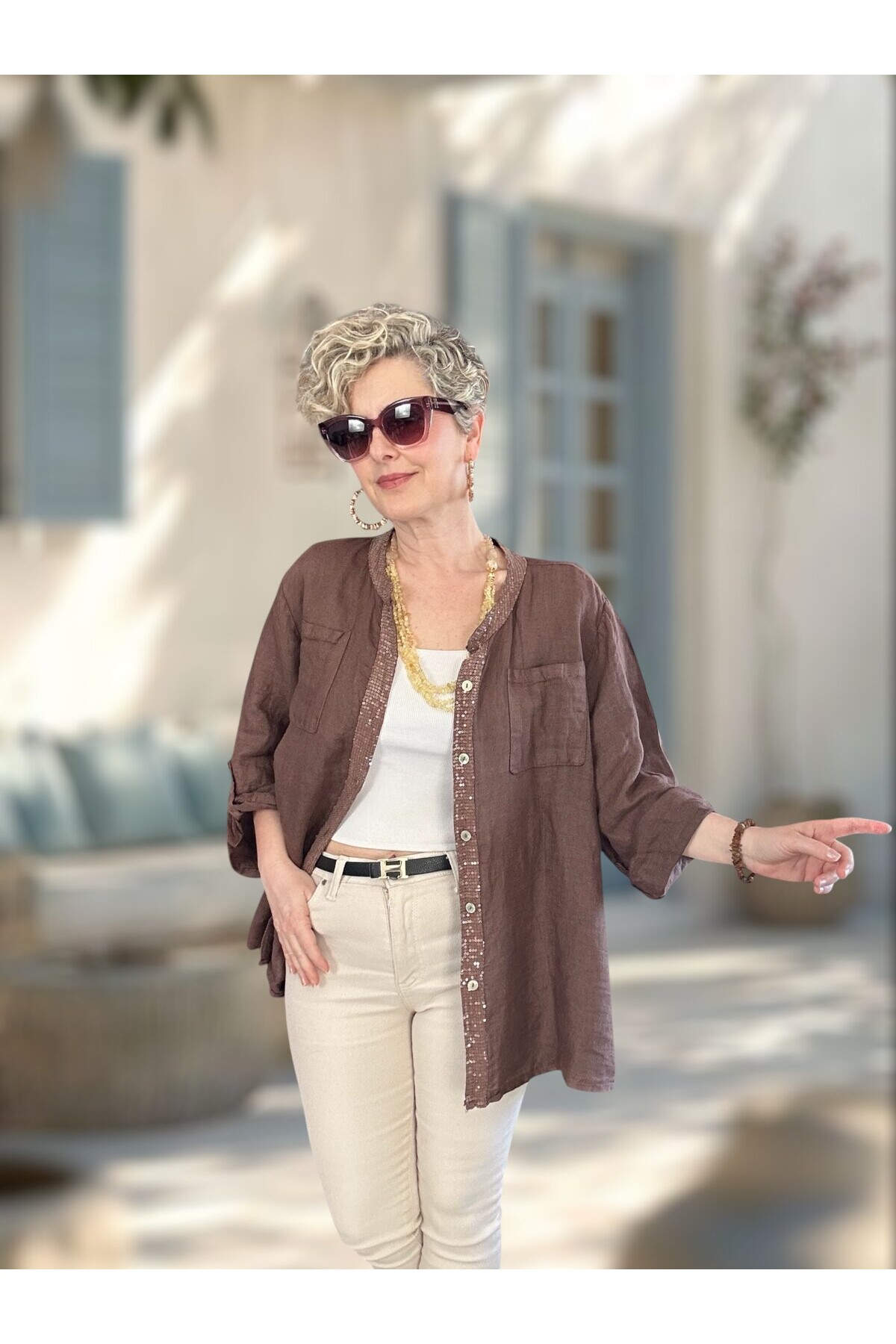 Brezza Payet İşlemeli & Sırtı Güpürlü Premium Linen Gömlek Kahverengi