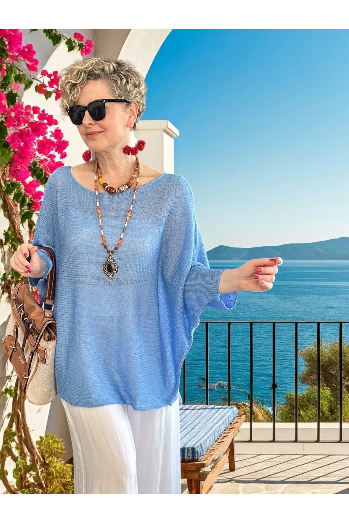 Busse Kayık Yaka Salaş Merserize Bluz Açık Mavi