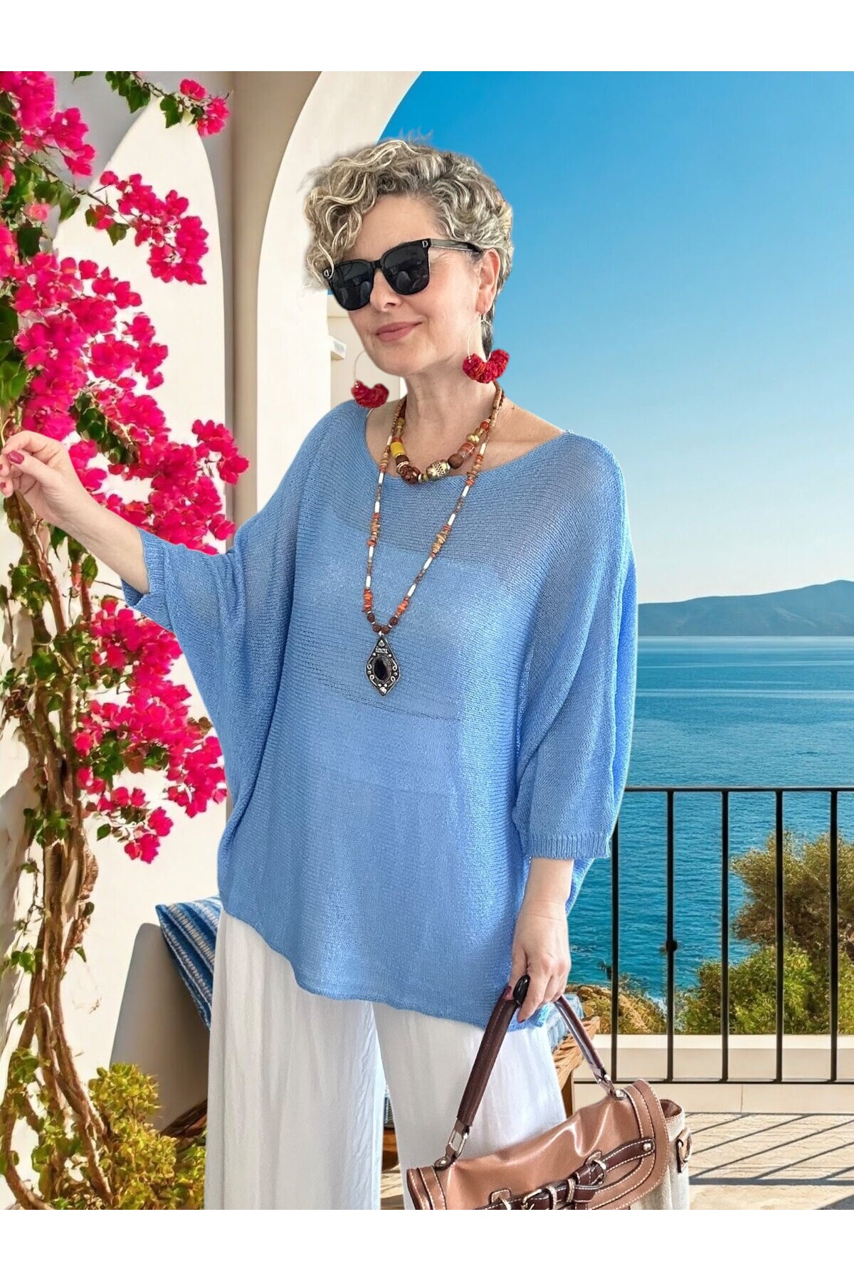 Busse Kayık Yaka Salaş Merserize Bluz Açık Mavi
