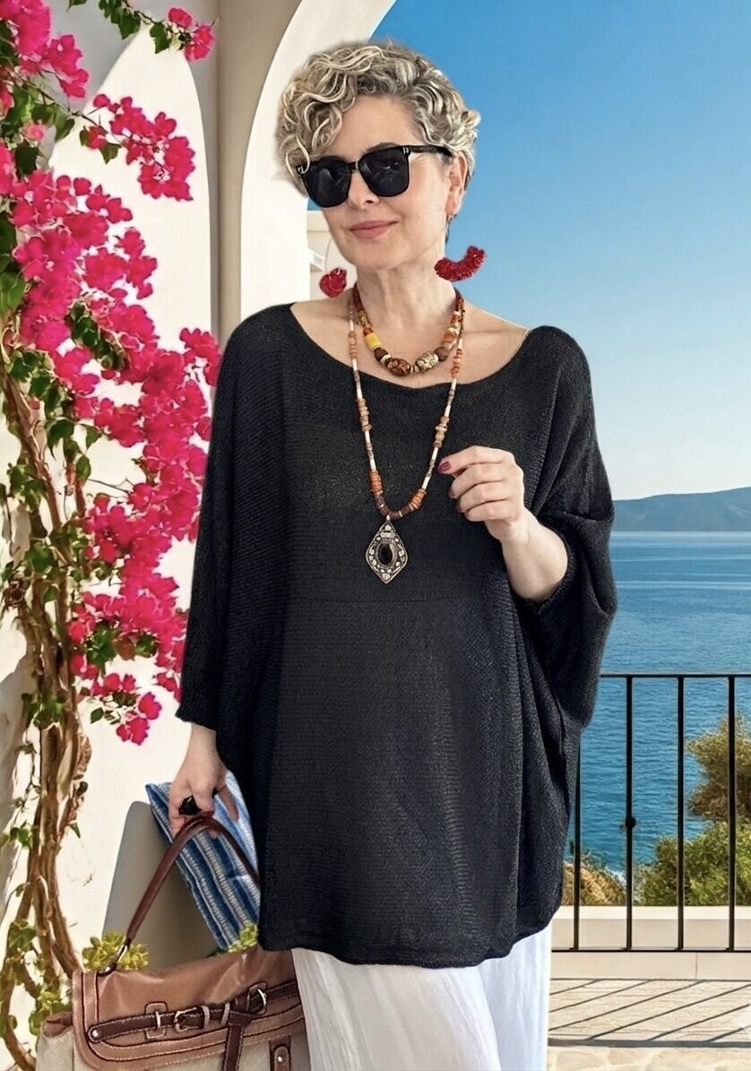 Busse Kayık Yaka Salaş Merserize Bluz Siyah