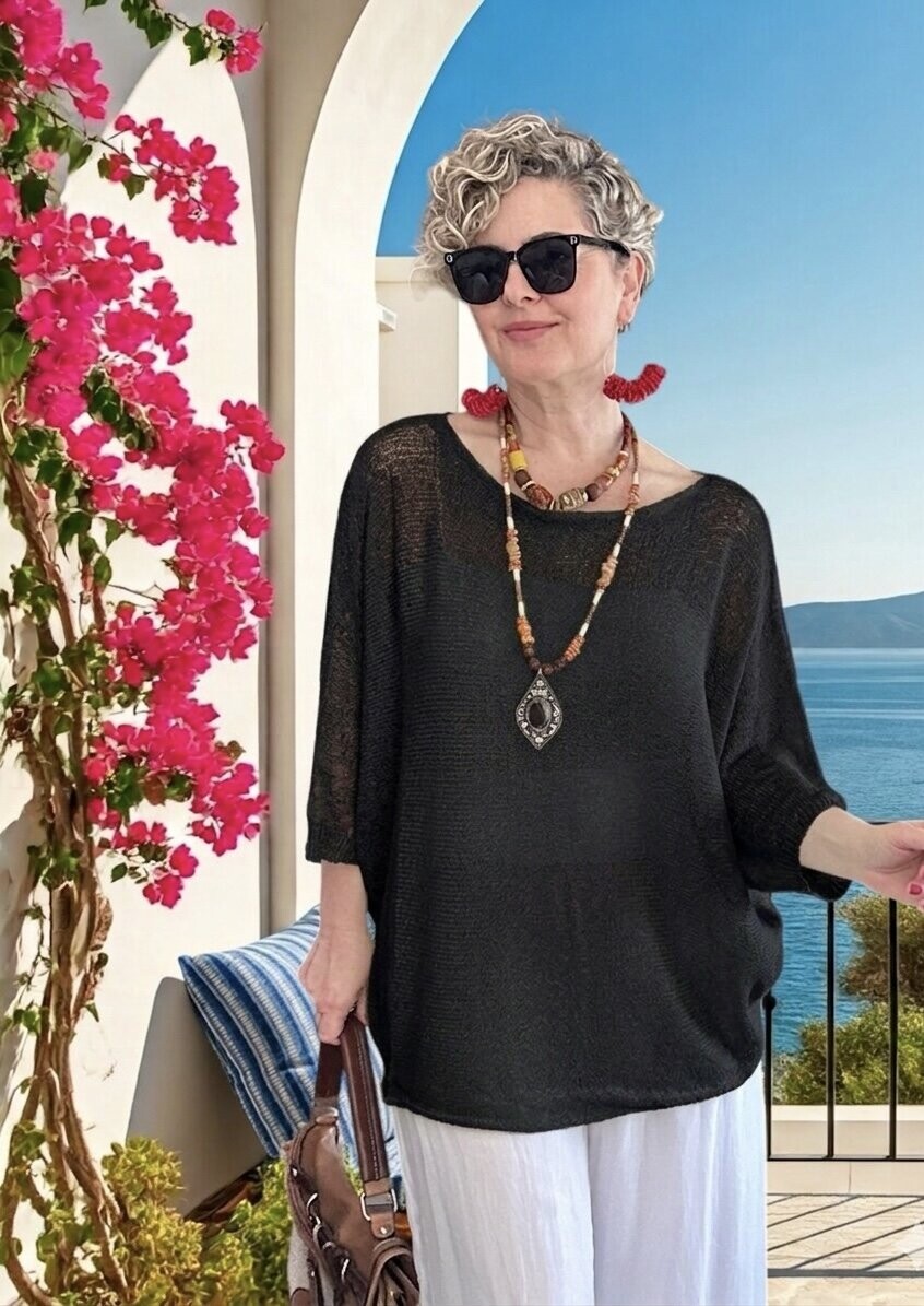 Busse Kayık Yaka Salaş Merserize Bluz Siyah