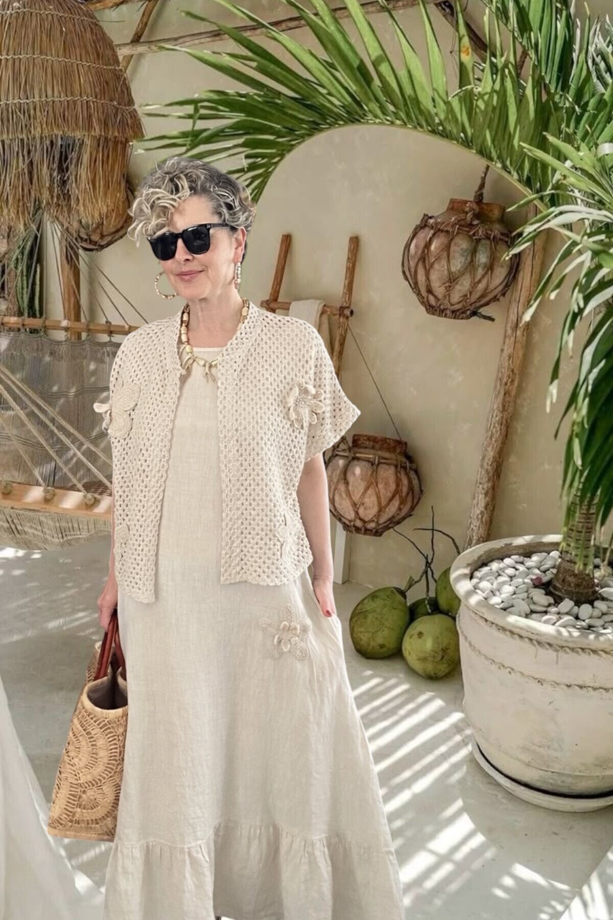 Canne Düz İthal %100 Keten Elbise & Örgü Hırka Takım Bej