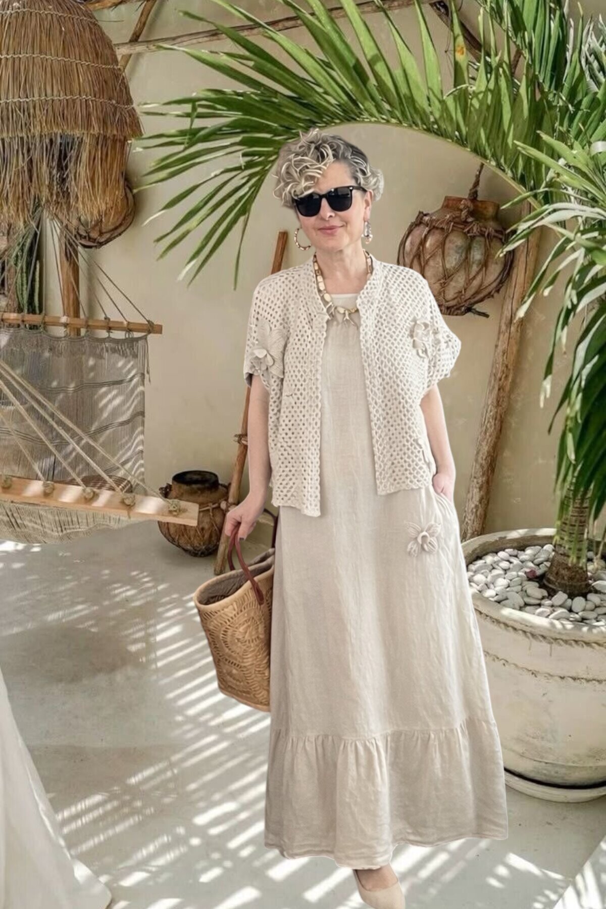 Canne Düz İthal %100 Keten Elbise & Örgü Hırka Takım Bej