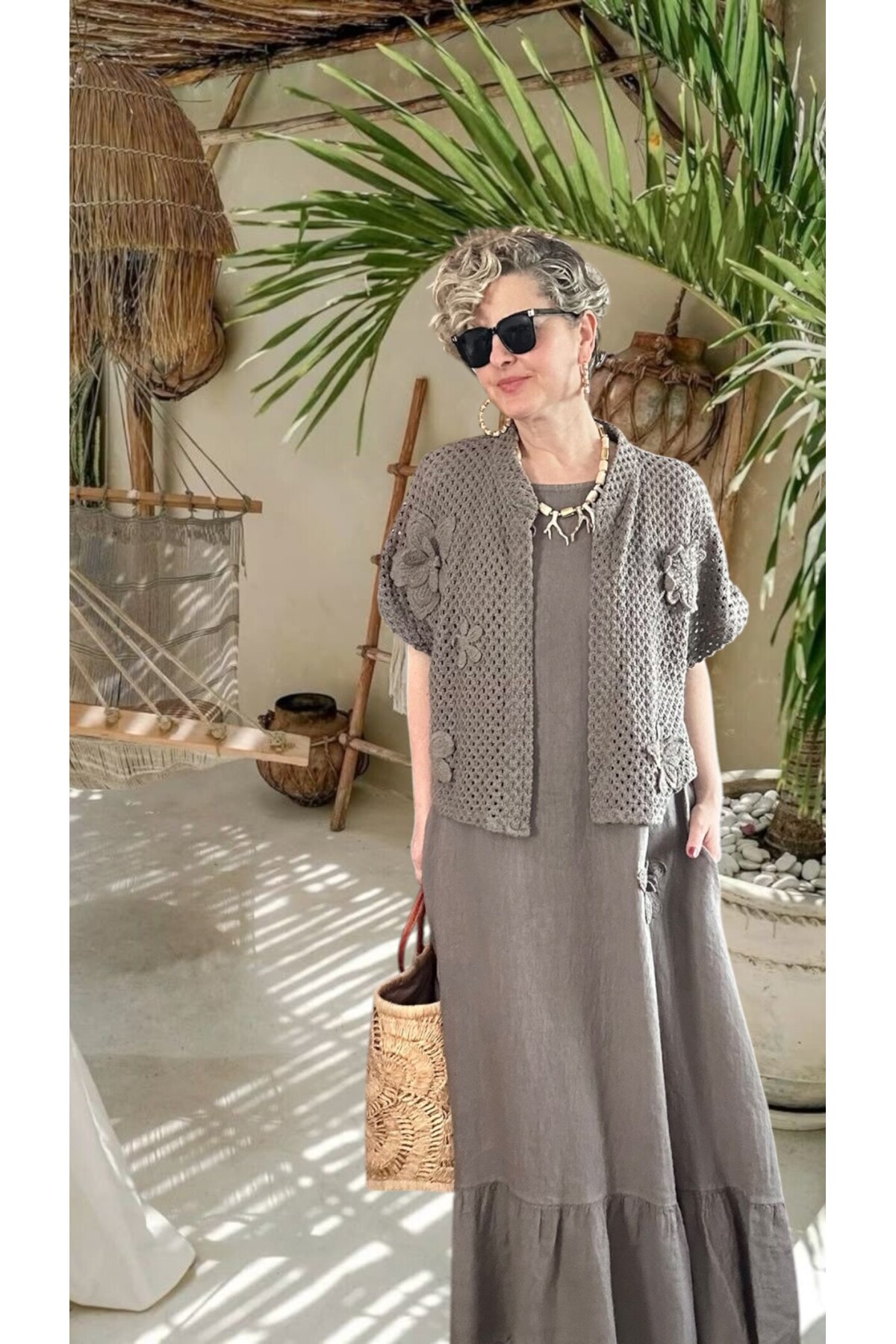 Canne Düz İthal %100 Keten Elbise & Örgü Hırka Takım Fango