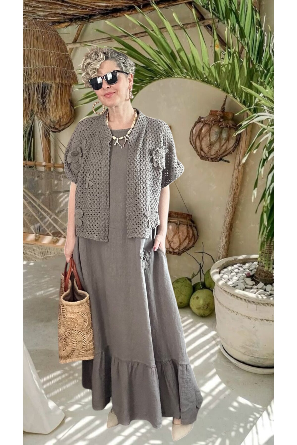 Canne Düz İthal %100 Keten Elbise & Örgü Hırka Takım Fango