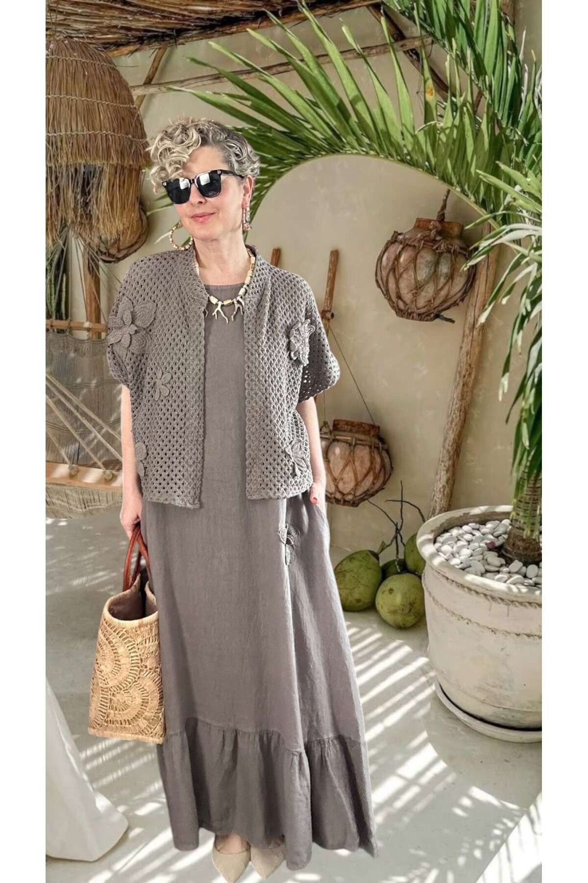 Canne Düz İthal %100 Keten Elbise & Örgü Hırka Takım Fango