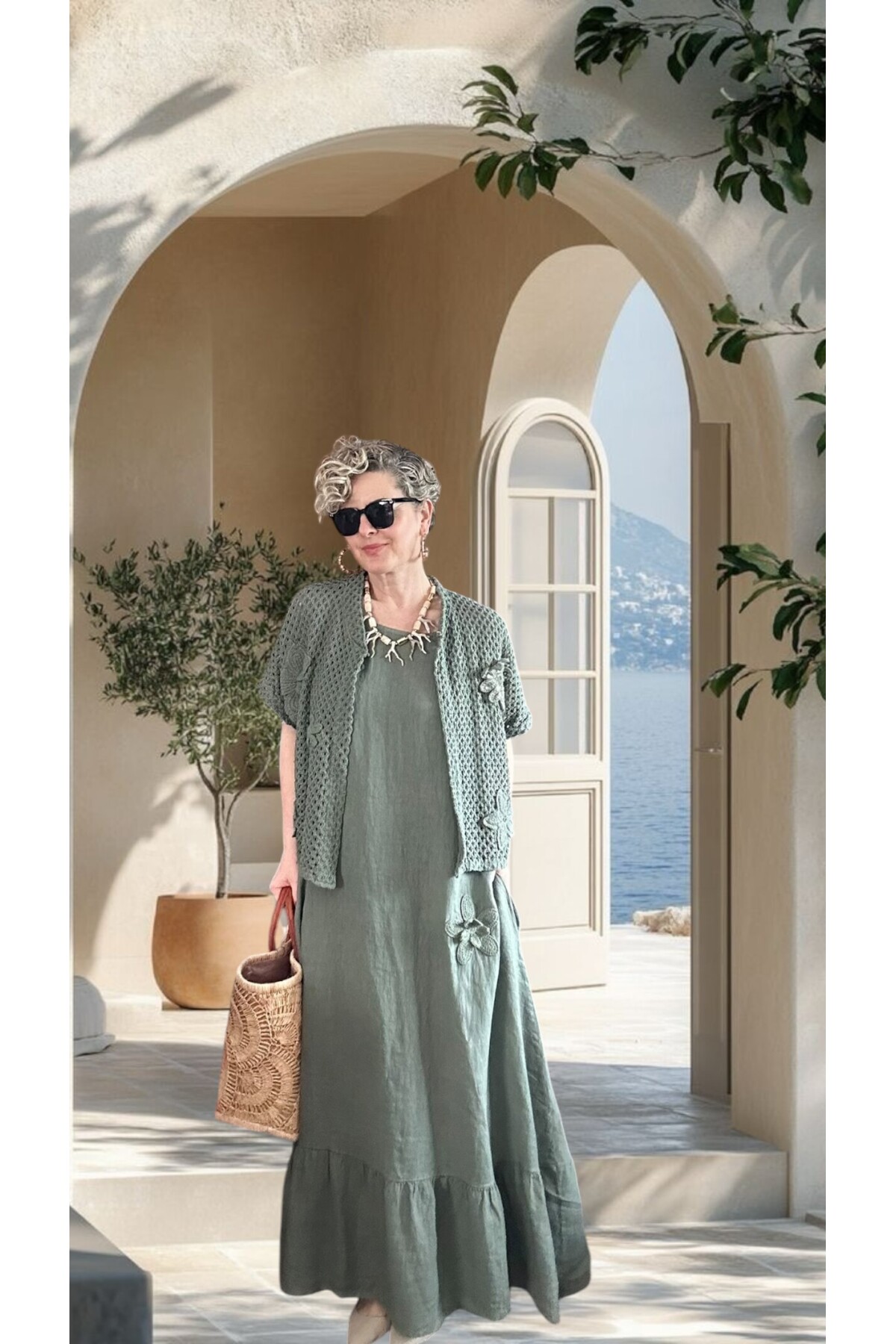 Canne Düz İthal %100 Keten Elbise & Örgü Hırka Takım Haki