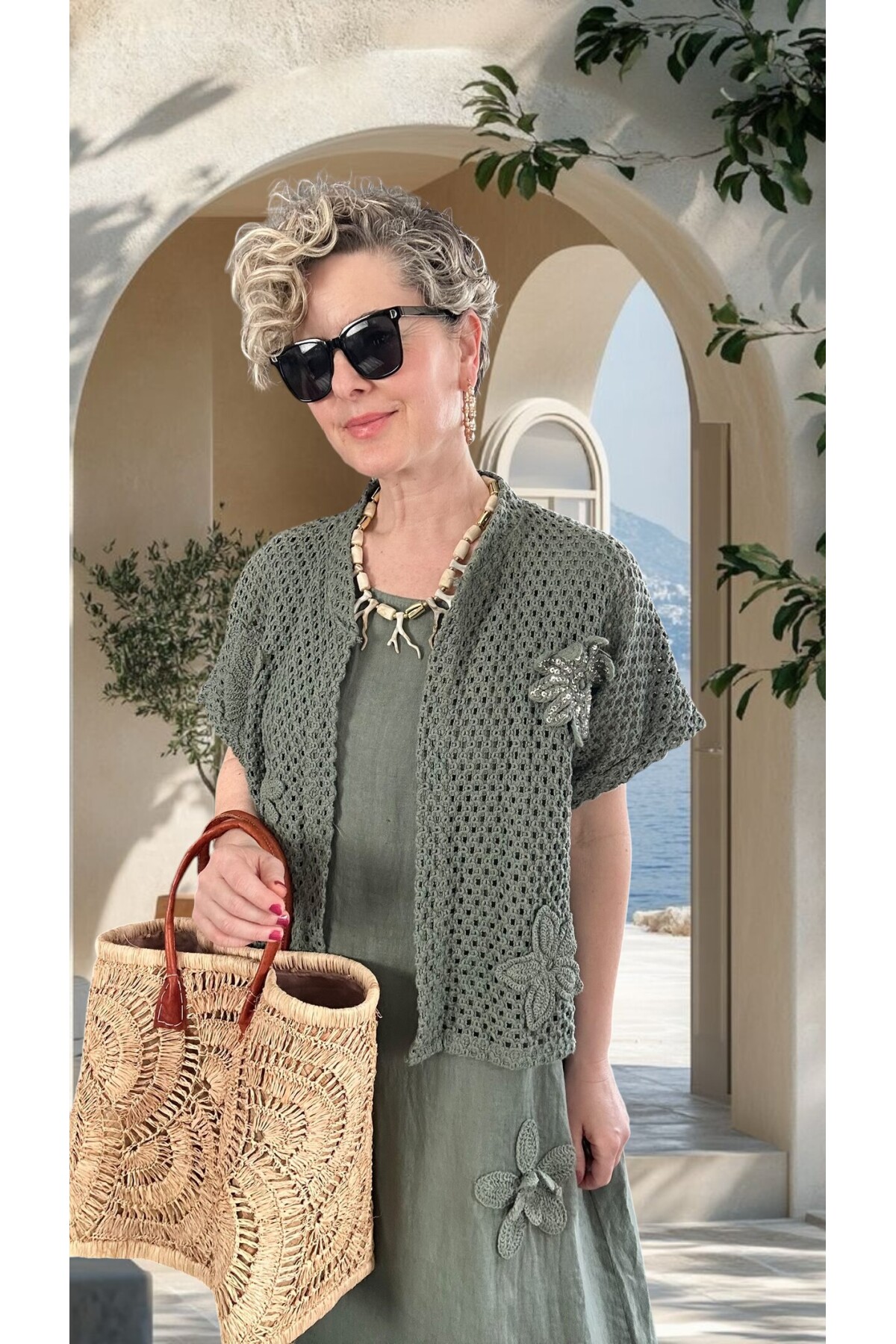 Canne Düz İthal %100 Keten Elbise & Örgü Hırka Takım Haki