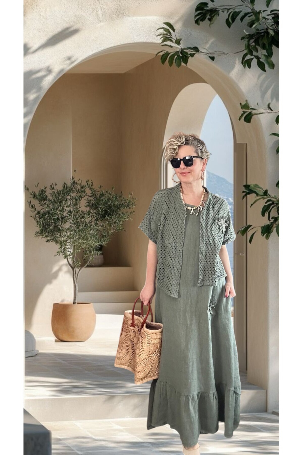 Canne Düz İthal %100 Keten Elbise & Örgü Hırka Takım Haki