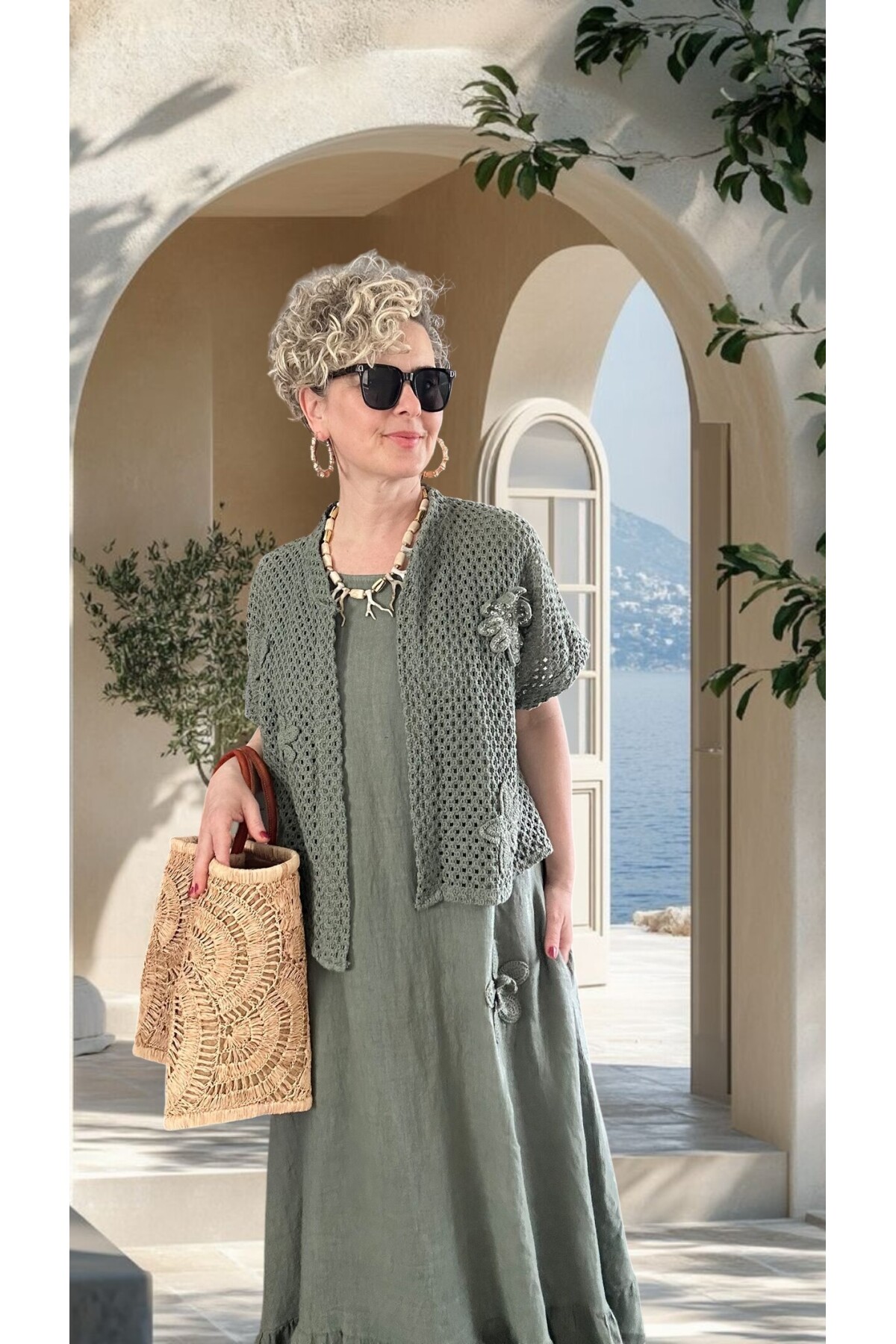 Canne Düz İthal %100 Keten Elbise & Örgü Hırka Takım Haki