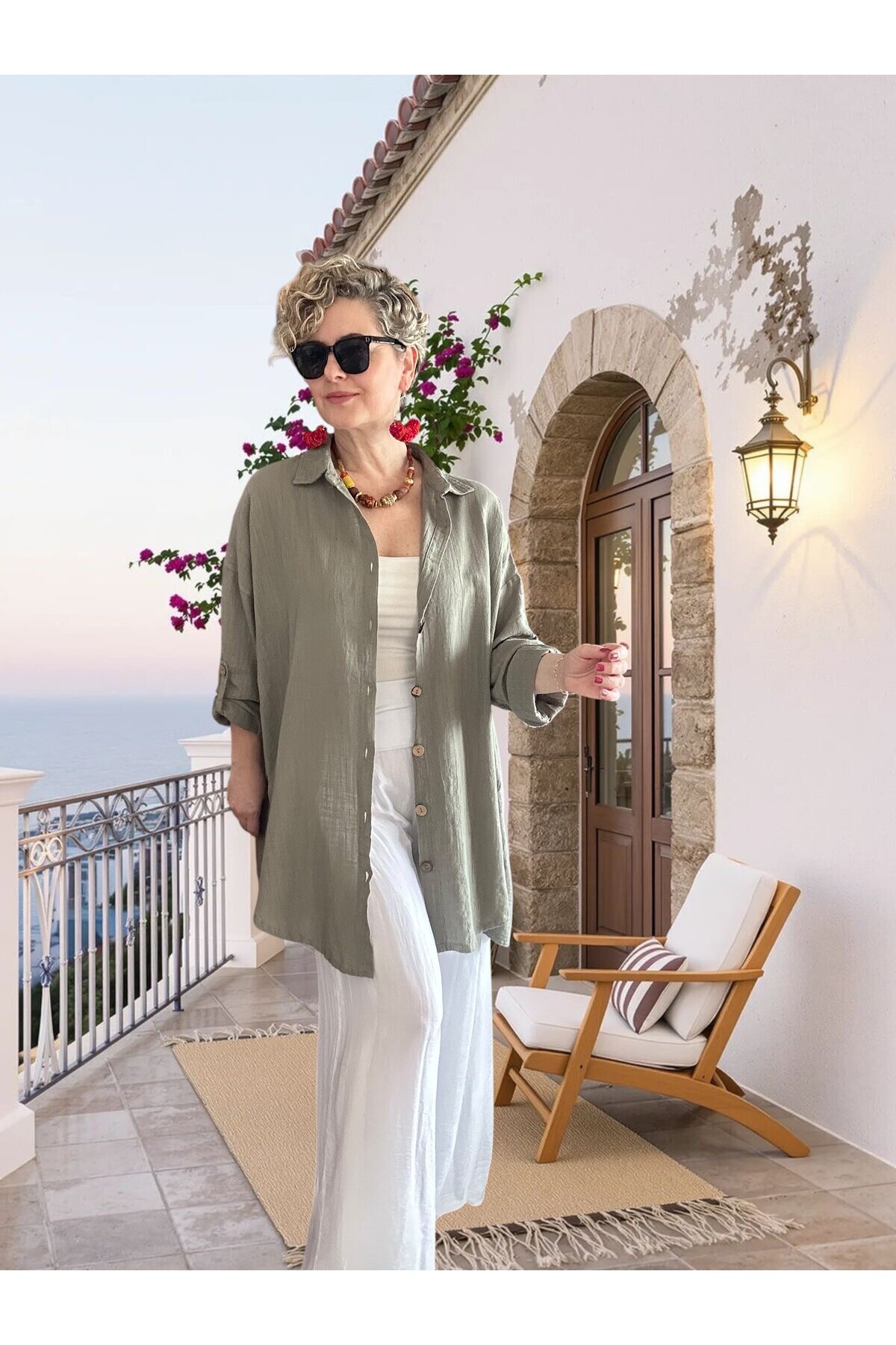 Clara Yan Düğme Detaylı Pamuklu Truvakar Tunik Gömlek Haki