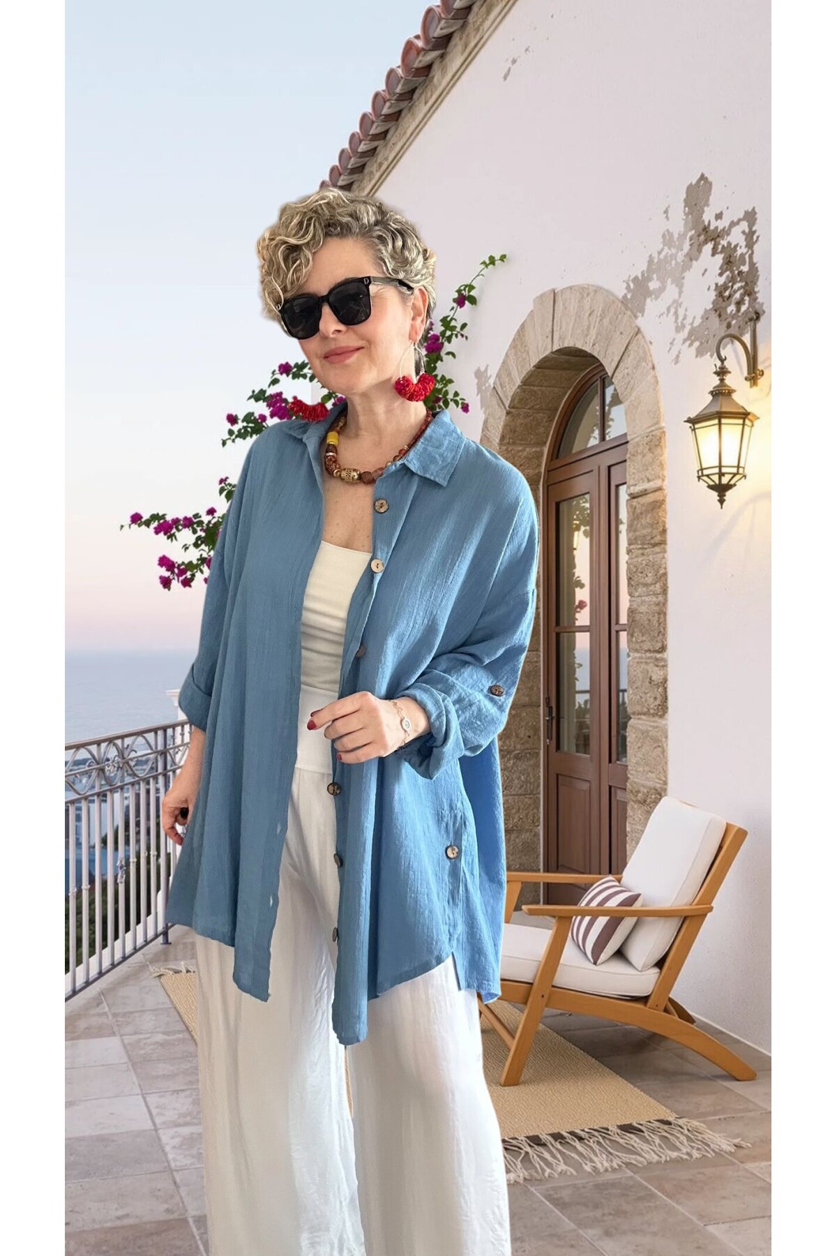 Clara Yan Düğme Detaylı Pamuklu Truvakar Tunik Gömlek İndigo