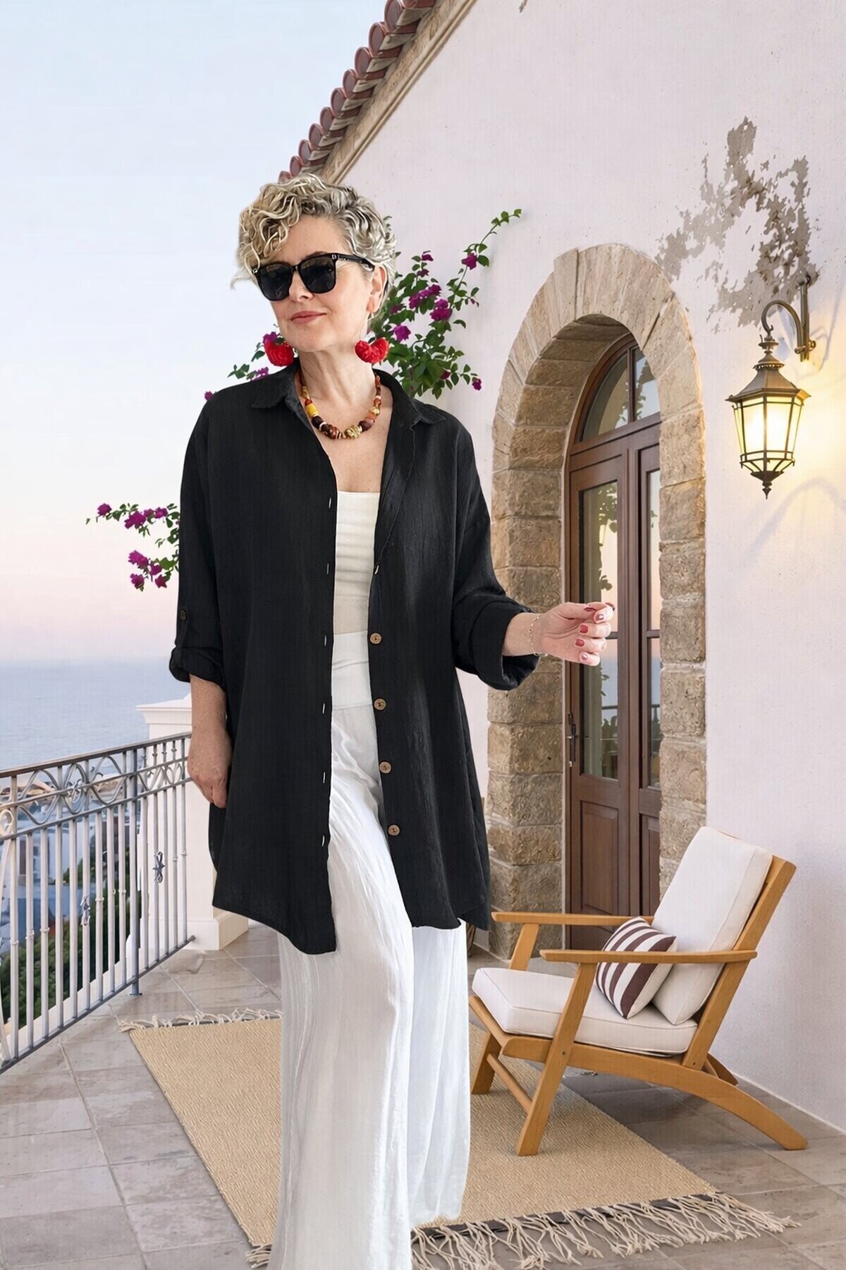 Clara Yan Düğme Detaylı Pamuklu Truvakar Tunik Gömlek Siyah