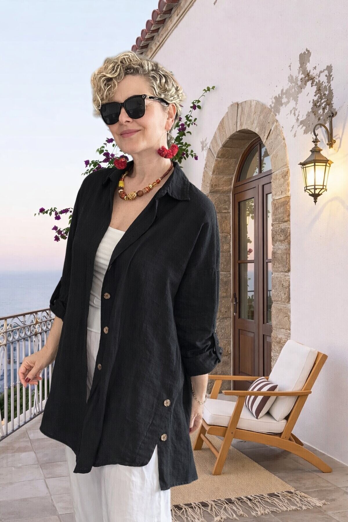 Clara Yan Düğme Detaylı Pamuklu Truvakar Tunik Gömlek Siyah