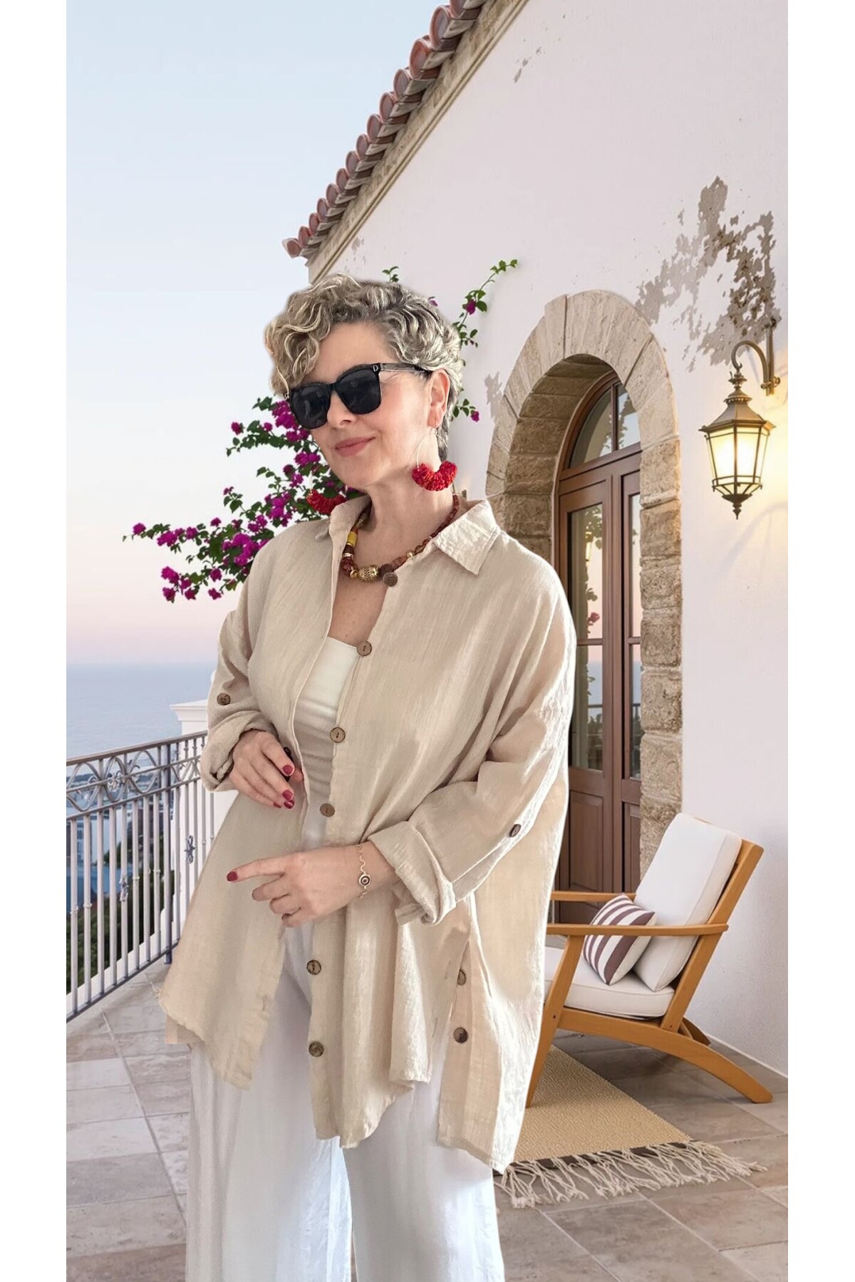 Clara Yan Düğme Detaylı Pamuklu Truvakar Tunik Gömlek Taş