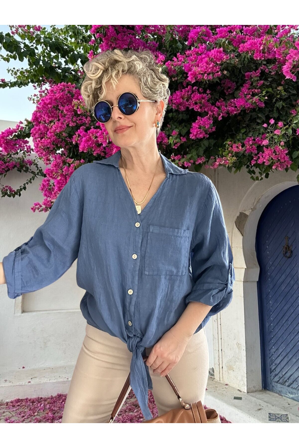 Della Sırt Brode İşlemeli İthal Keten Gömlek İndigo