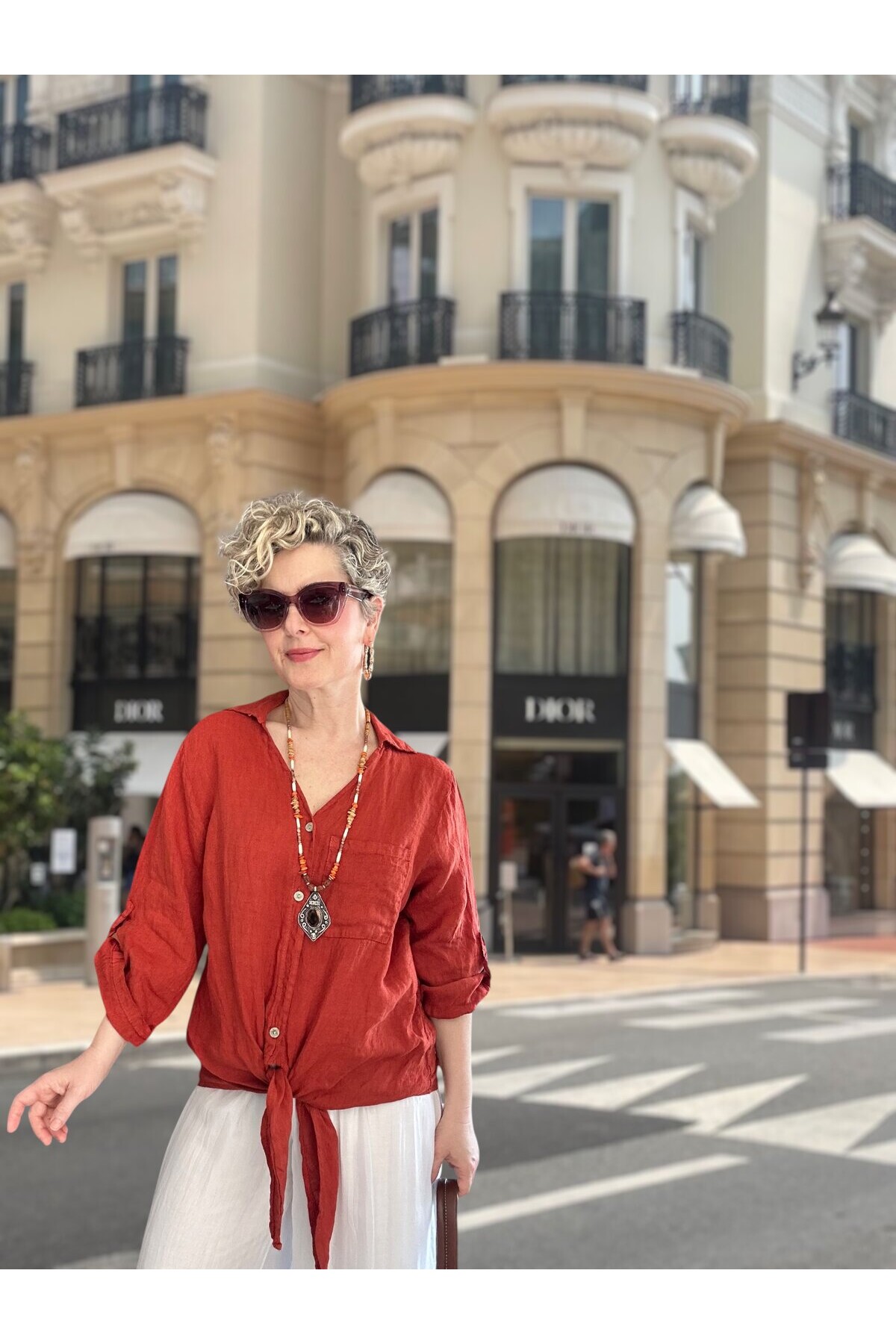 Della Sırt Brode İşlemeli İthal Keten Gömlek Kiremit