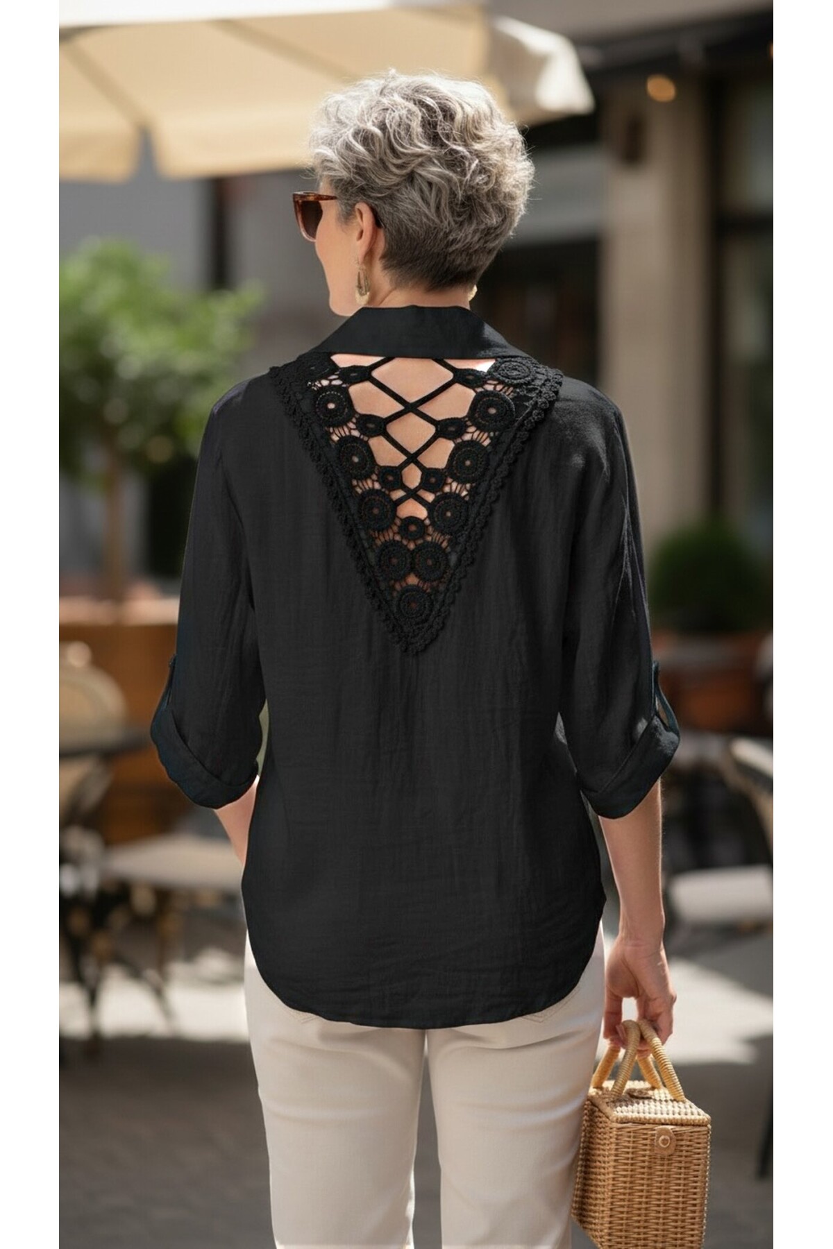 Della Sırt Brode İşlemeli İthal Keten Gömlek Siyah