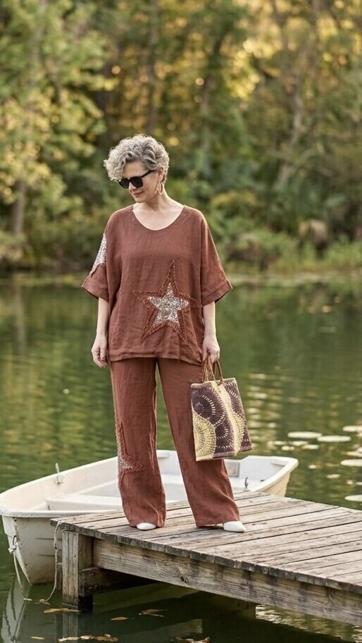 Dolce | Payet Yıldız Detaylı %100 Linen İkili Takım Cinnamon