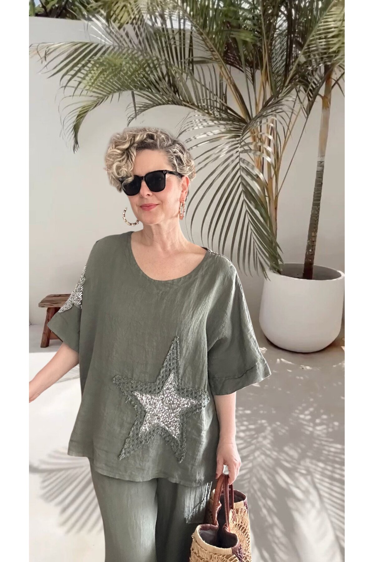 Dolce | Payet Yıldız Detaylı %100 Linen İkili Takım Military