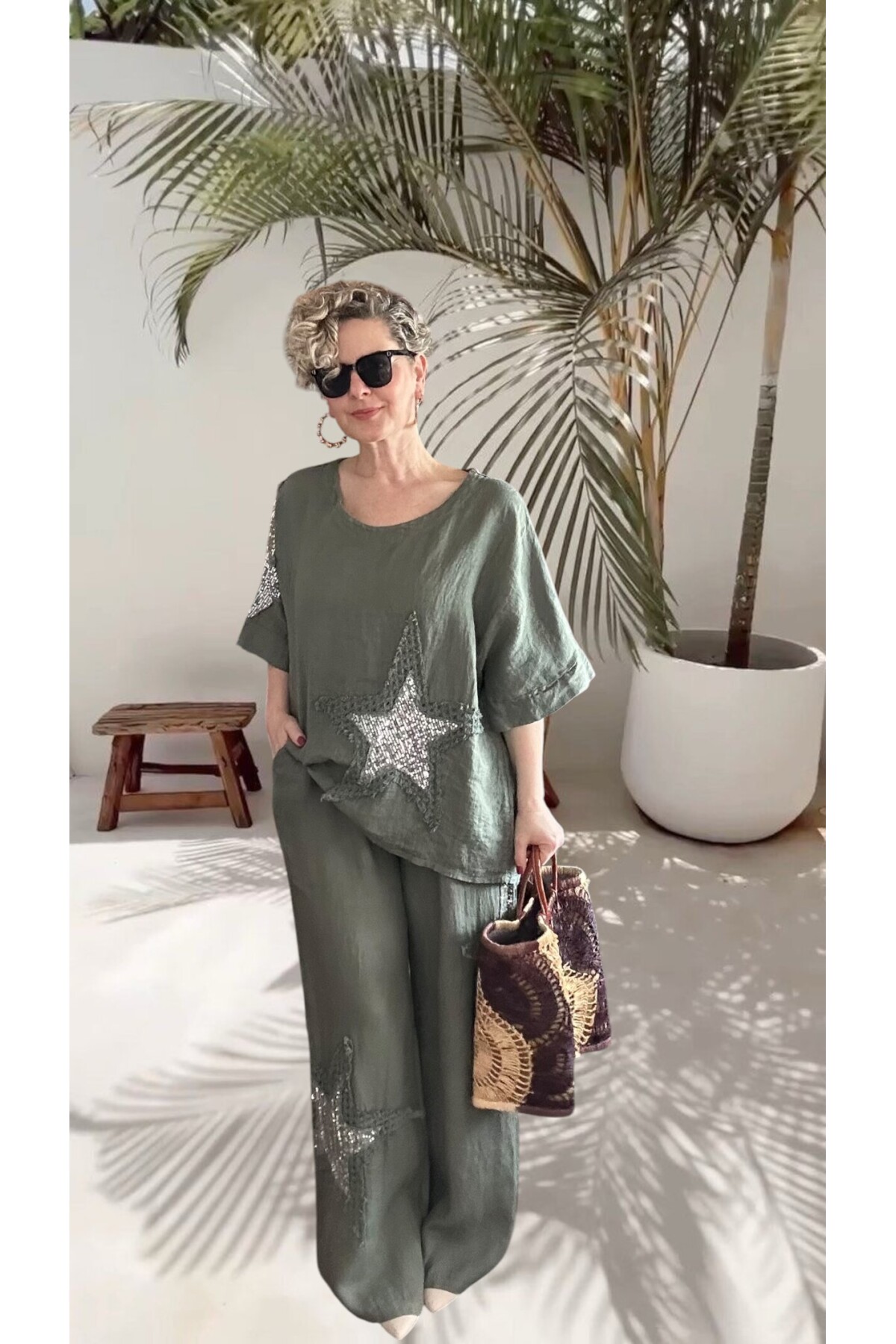 Dolce | Payet Yıldız Detaylı %100 Linen İkili Takım Military