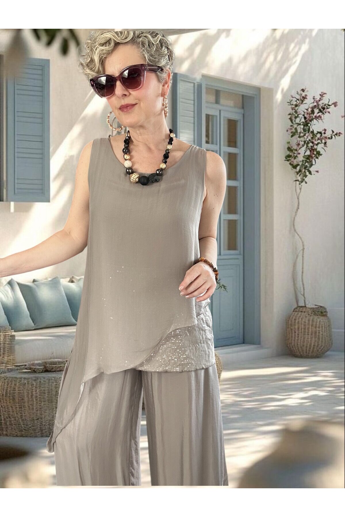 Eclissi İthal Asimetrik Kesim Pullu İpek Bluz Fango