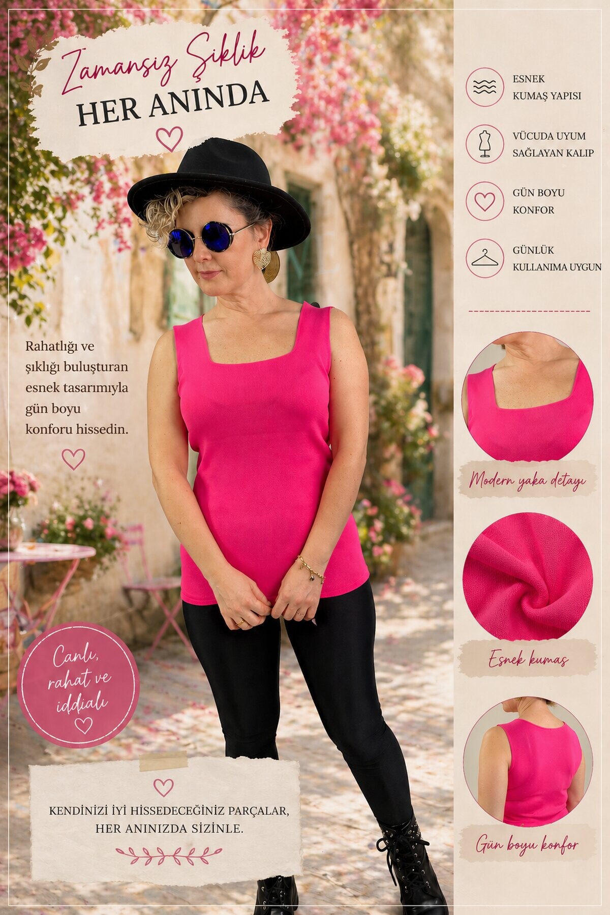 Esline Pembe Kare Yaka Dört Mevsim Triko Atlet