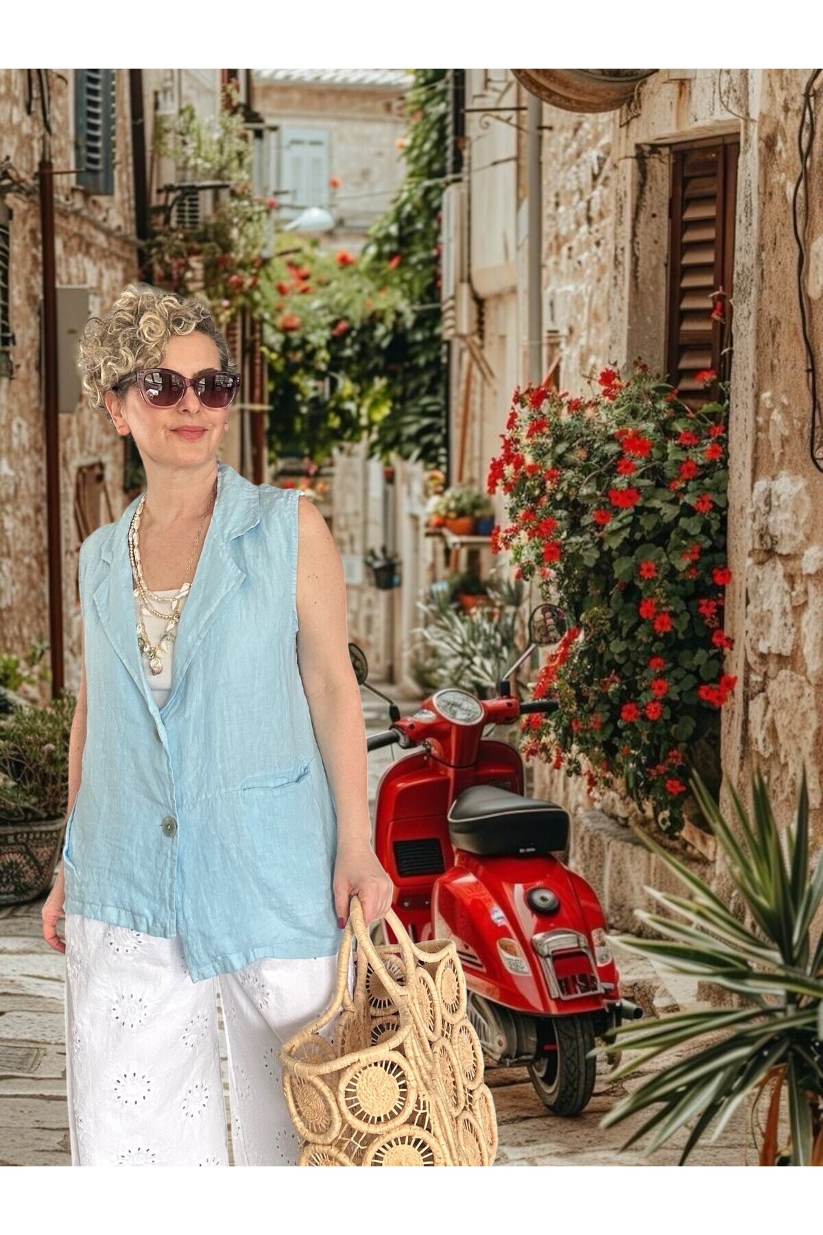 Estee %100 Linen Asimetrik Kesim Blazer Yelek Bebe Mavi