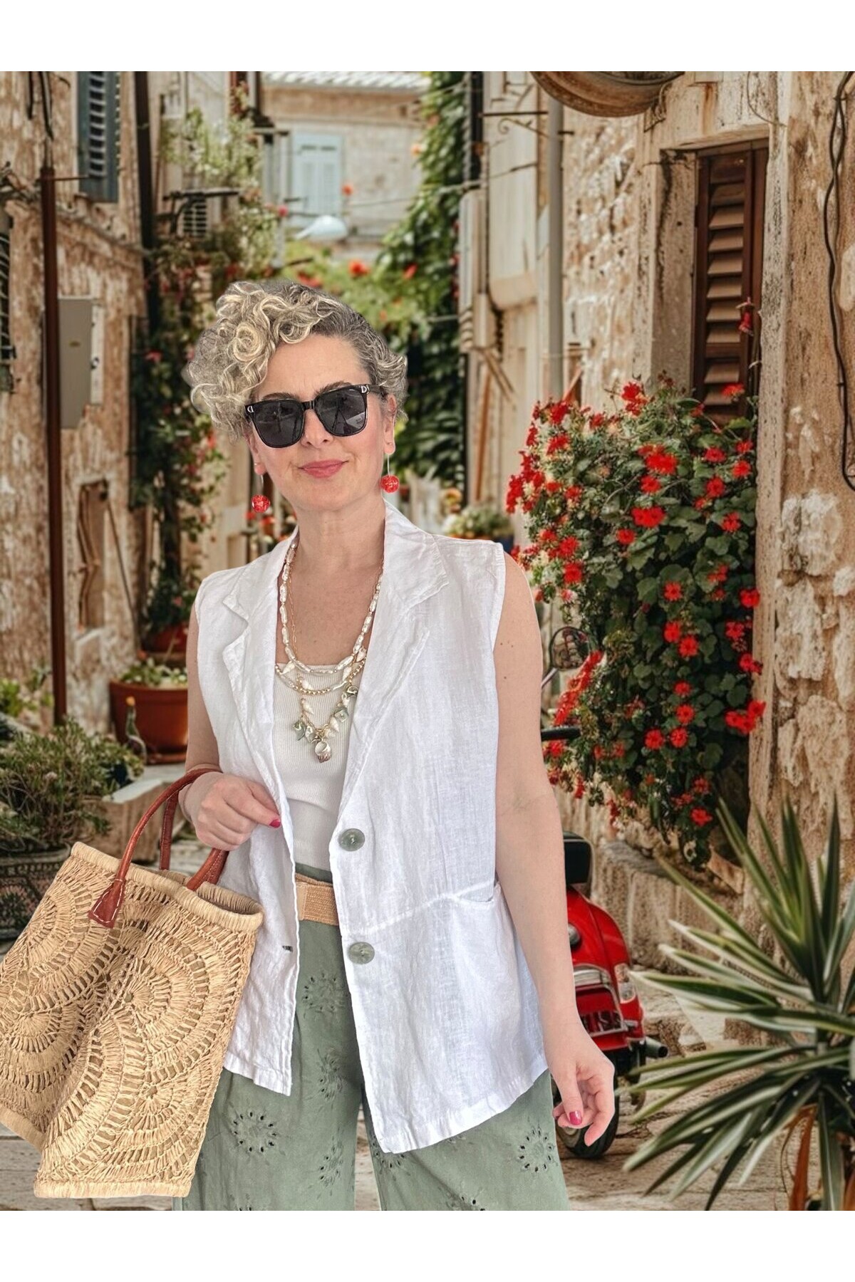 Estee %100 Linen Asimetrik Kesim Blazer Yelek Beyaz