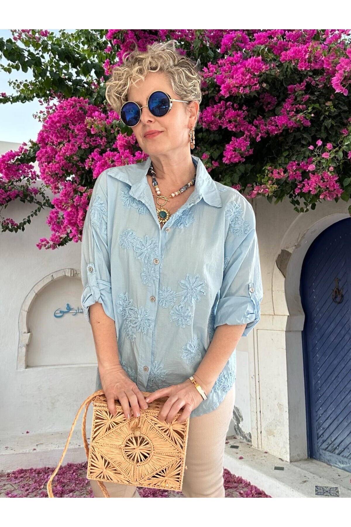 Eyyo İtalyan Dolgu Çiçek Desen Gömlek Bebe Mavi