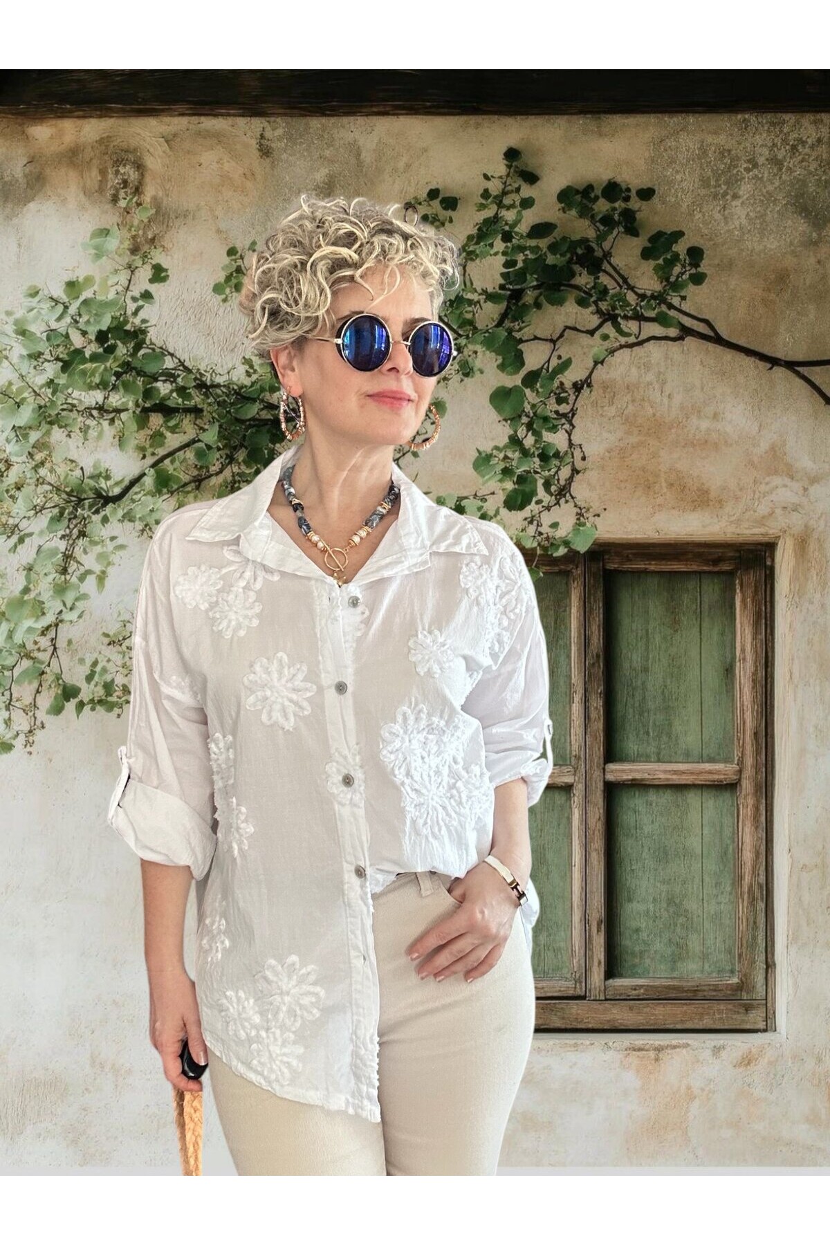 Eyyo İtalyan Dolgu Çiçek Desen Gömlek Beyaz