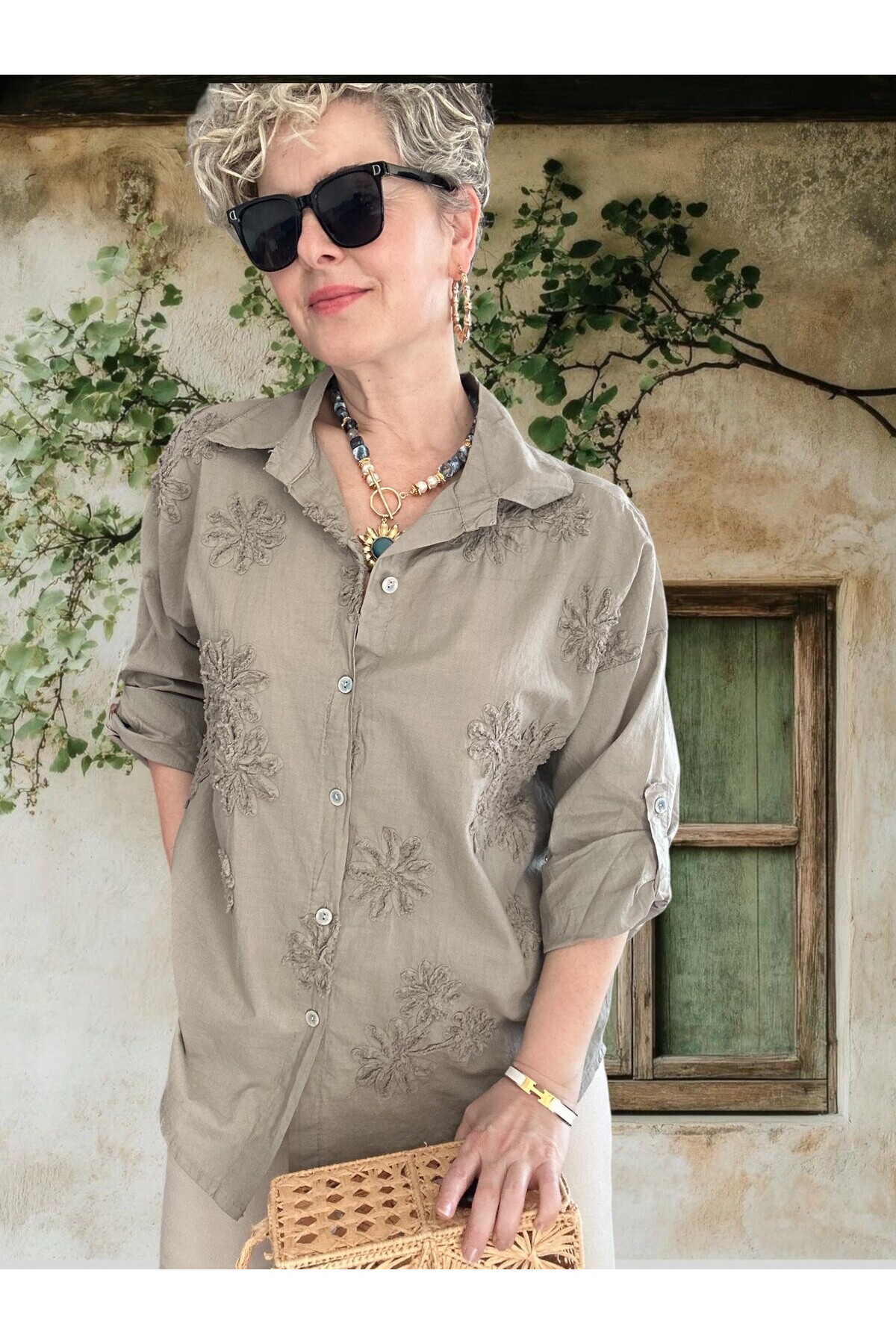 Eyyo İtalyan Dolgu Çiçek Desen Gömlek Fango