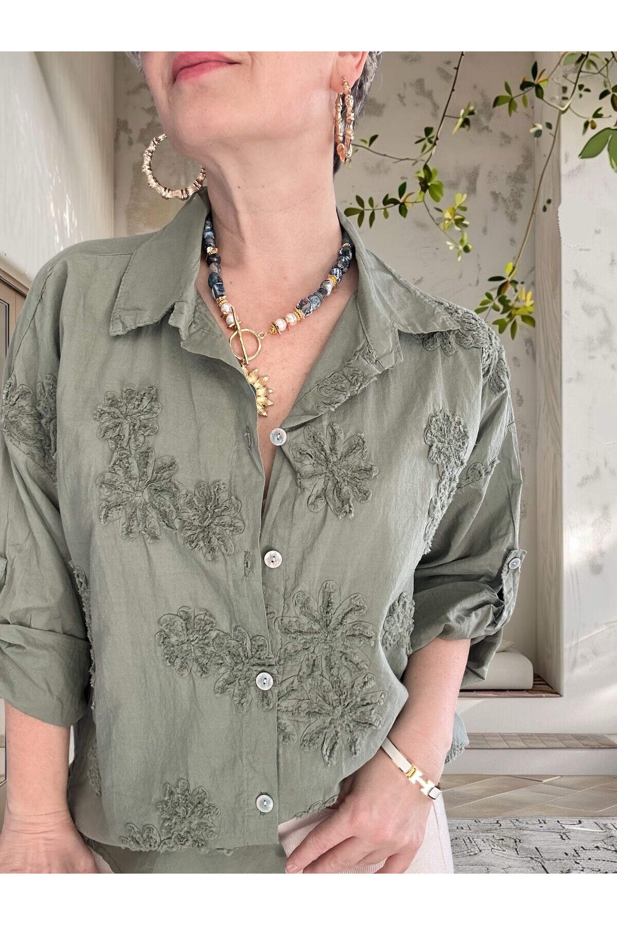 Eyyo İtalyan Dolgu Çiçek Desen Gömlek Haki Yeşil