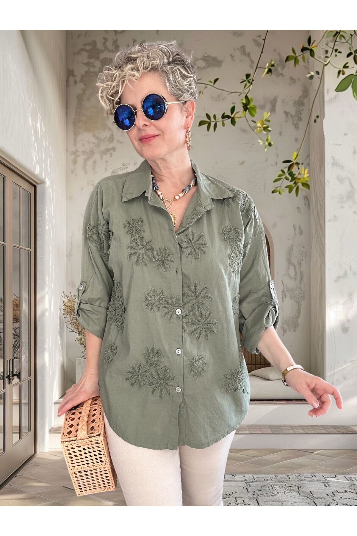 Eyyo İtalyan Dolgu Çiçek Desen Gömlek Haki Yeşil