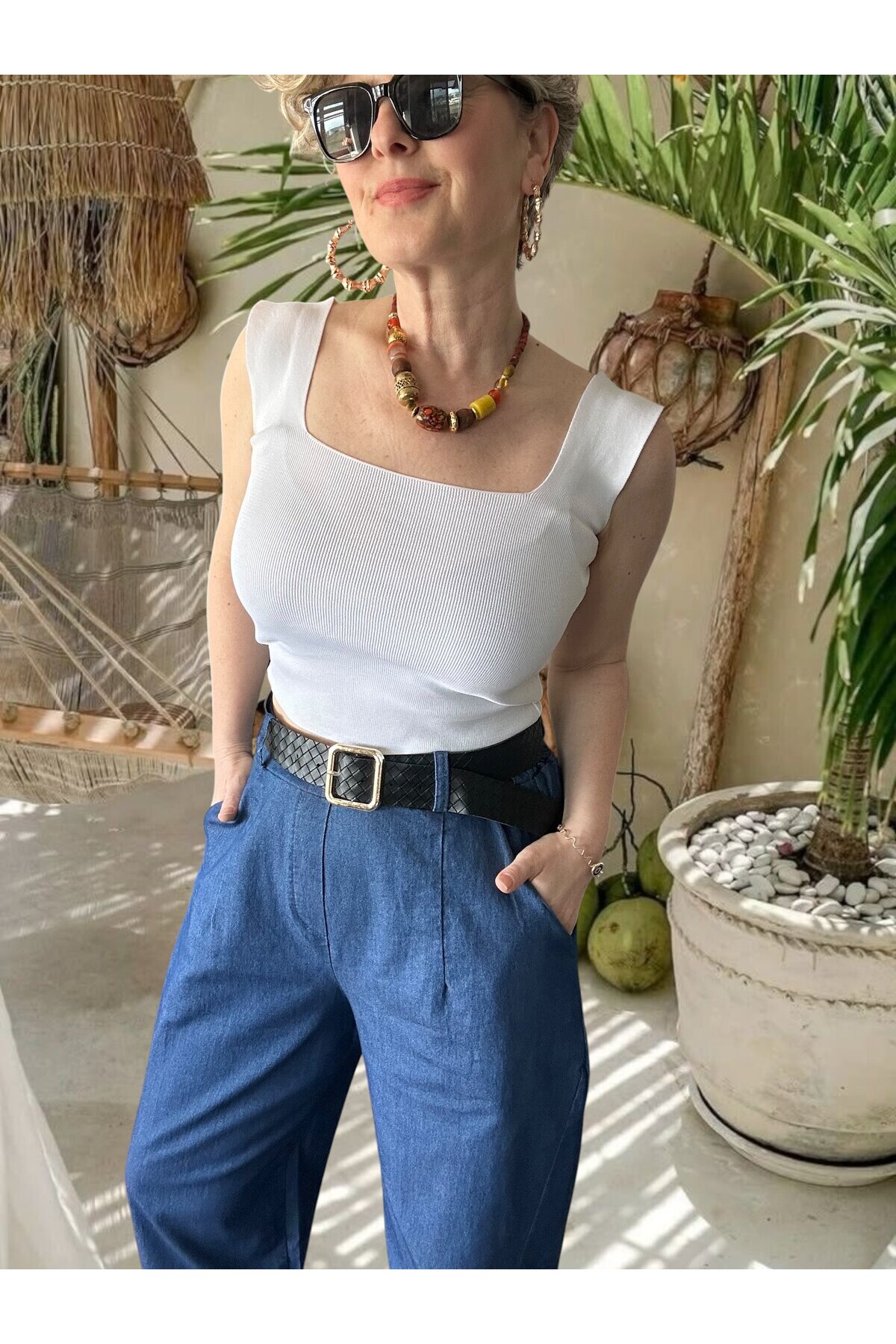 Facci İthal Kemer Detaylı Yüksek Bel Kot Pantolon İndigo