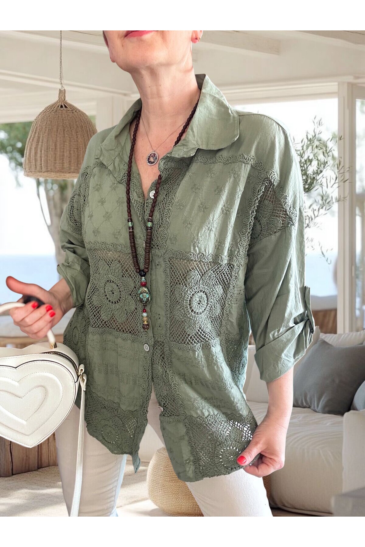 Ferru İtalyan Fisto Kare Çiçek Desen Gömlek Haki