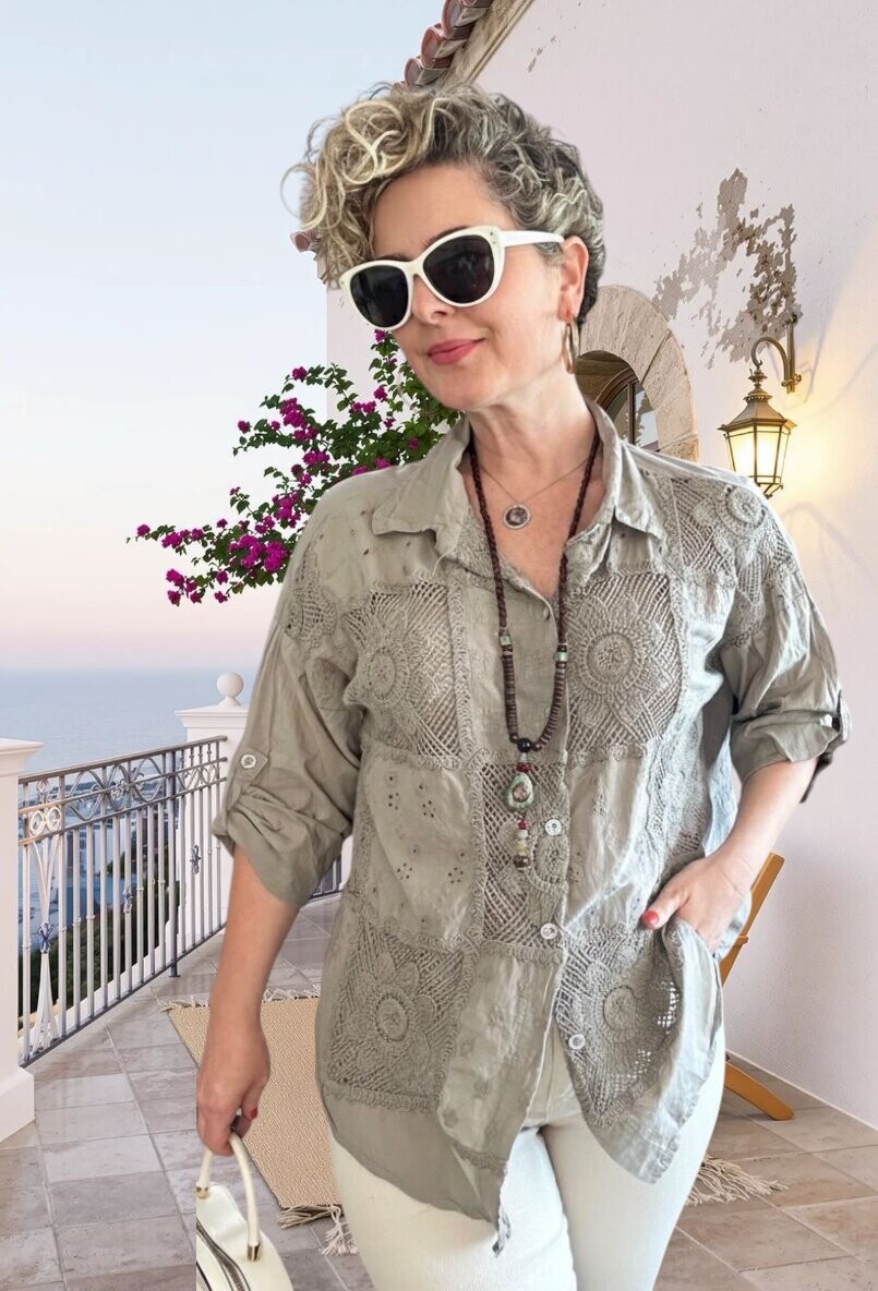 Ferru İtalyan Fisto Kare Çiçek Desen Gömlek Vizon