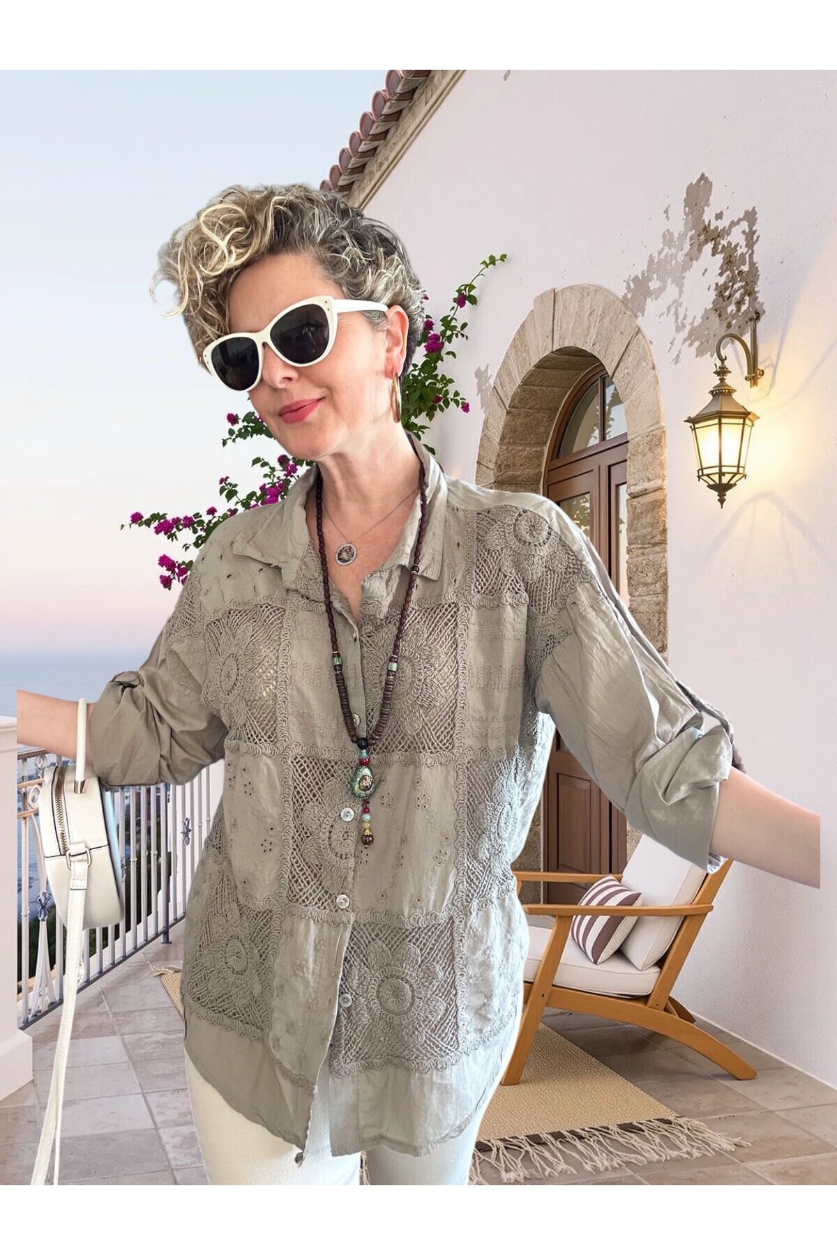 Ferru İtalyan Fisto Kare Çiçek Desen Gömlek Vizon