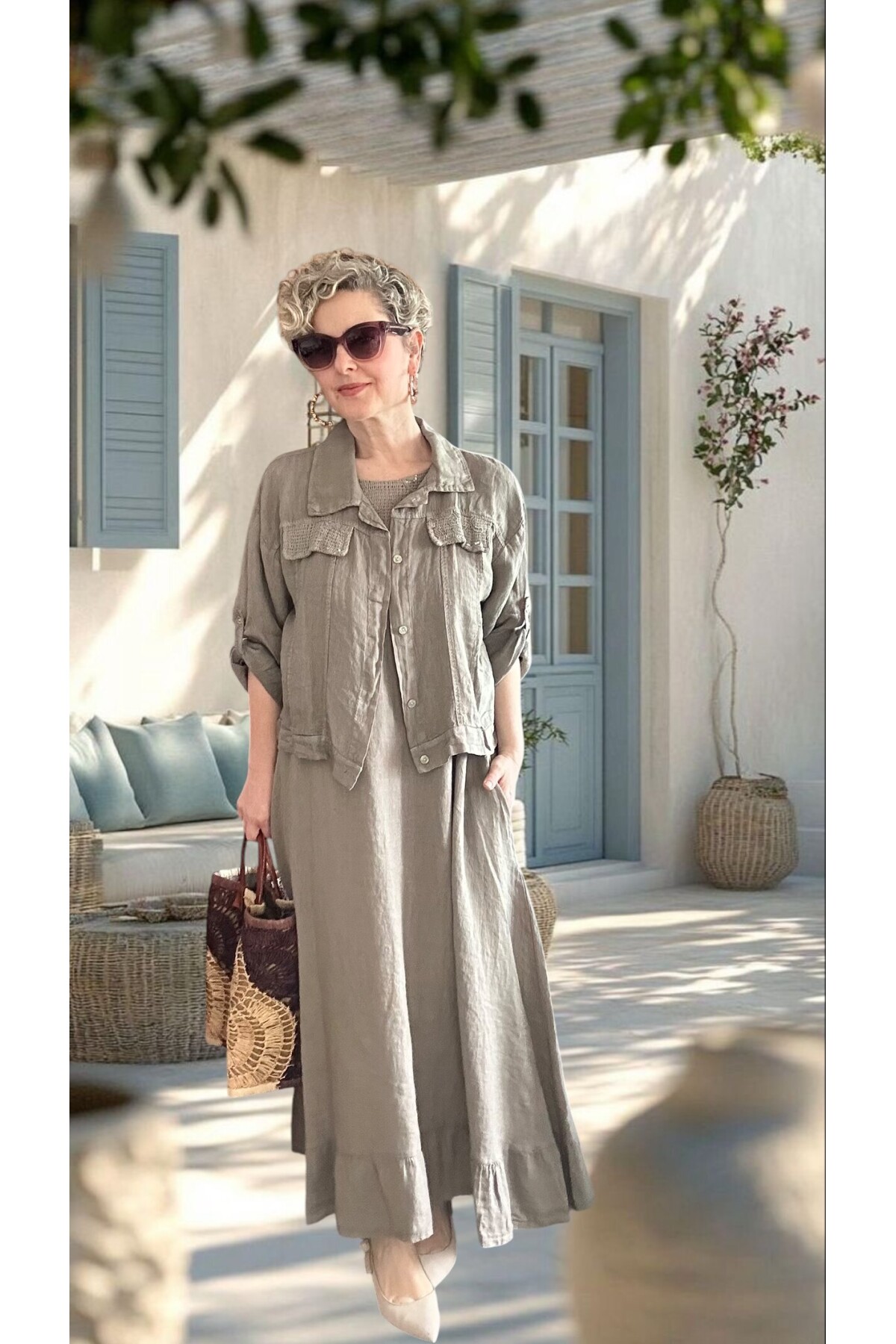 Fisso %100 Linen Kolsuz Elbise & Cep Pul Detaylı Ceket Takım Fango