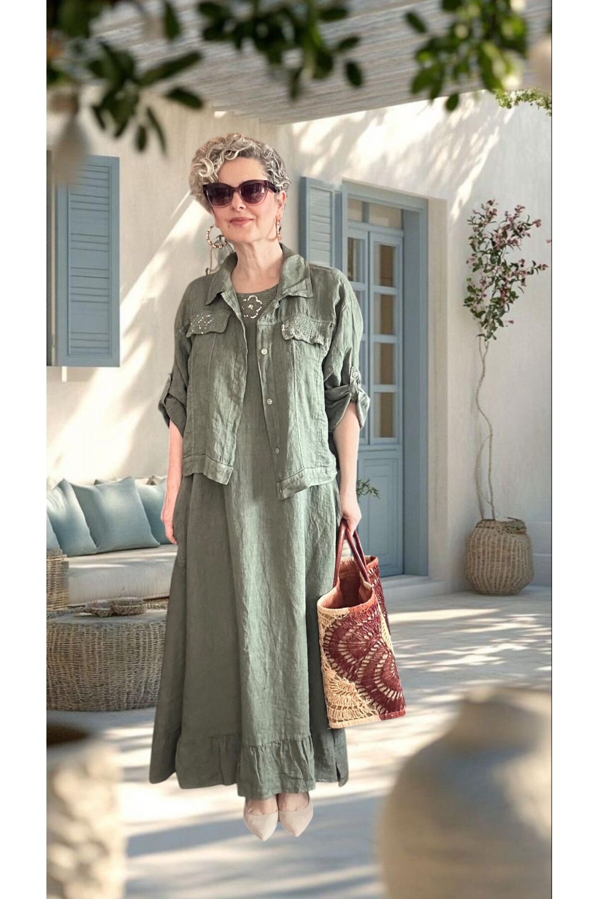 Fisso %100 Linen Kolsuz Elbise & Cep Pul Detaylı Ceket Takım Haki