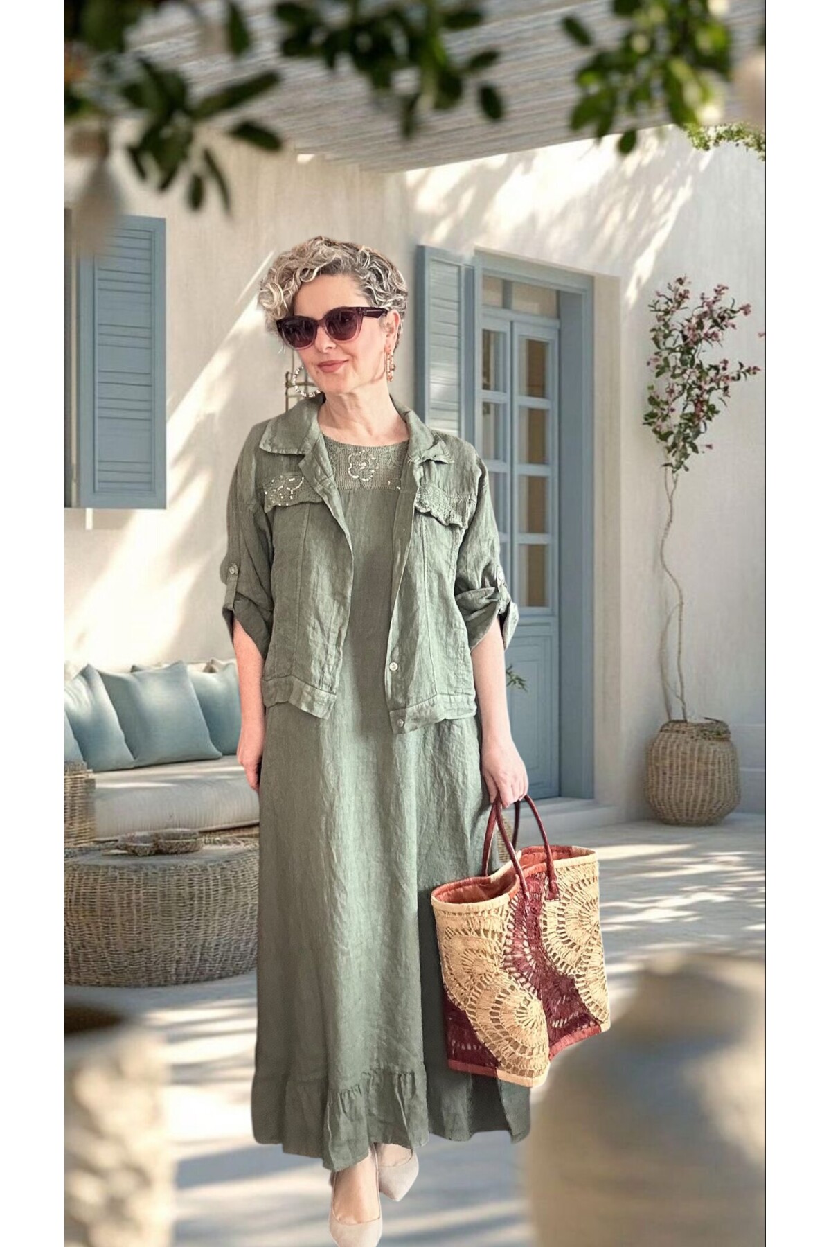 Fisso %100 Linen Kolsuz Elbise & Cep Pul Detaylı Ceket Takım Haki