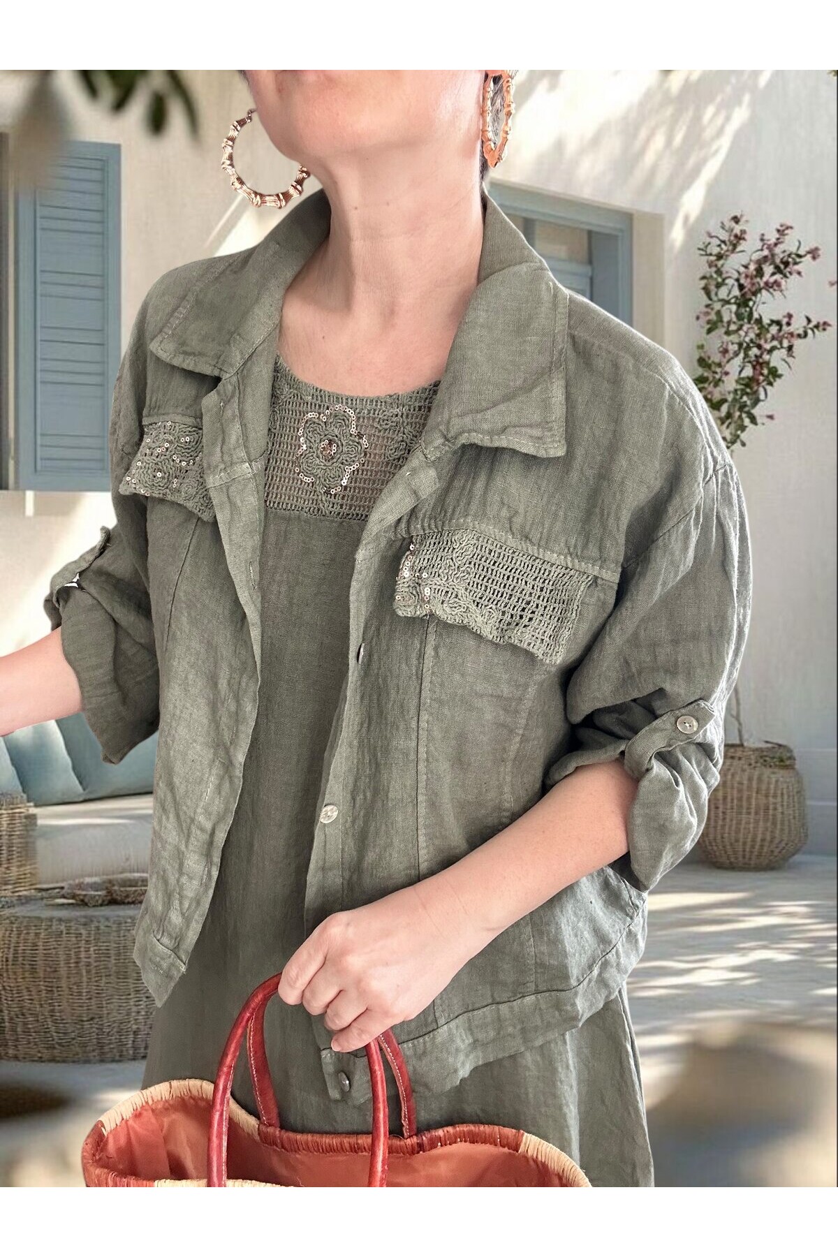 Fisso %100 Linen Kolsuz Elbise & Cep Pul Detaylı Ceket Takım Haki