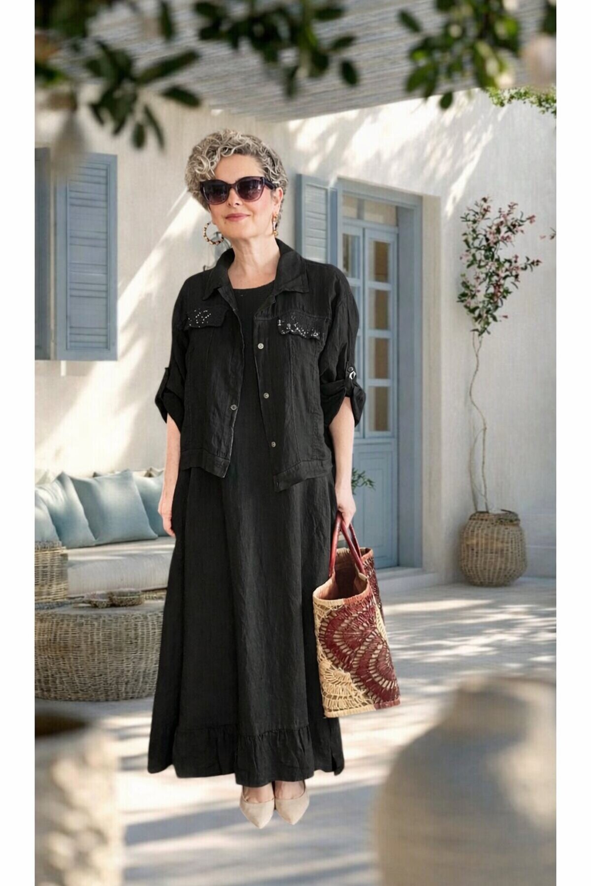 Fisso %100 Linen Kolsuz Elbise & Cep Pul Detaylı Ceket Takım Siyah