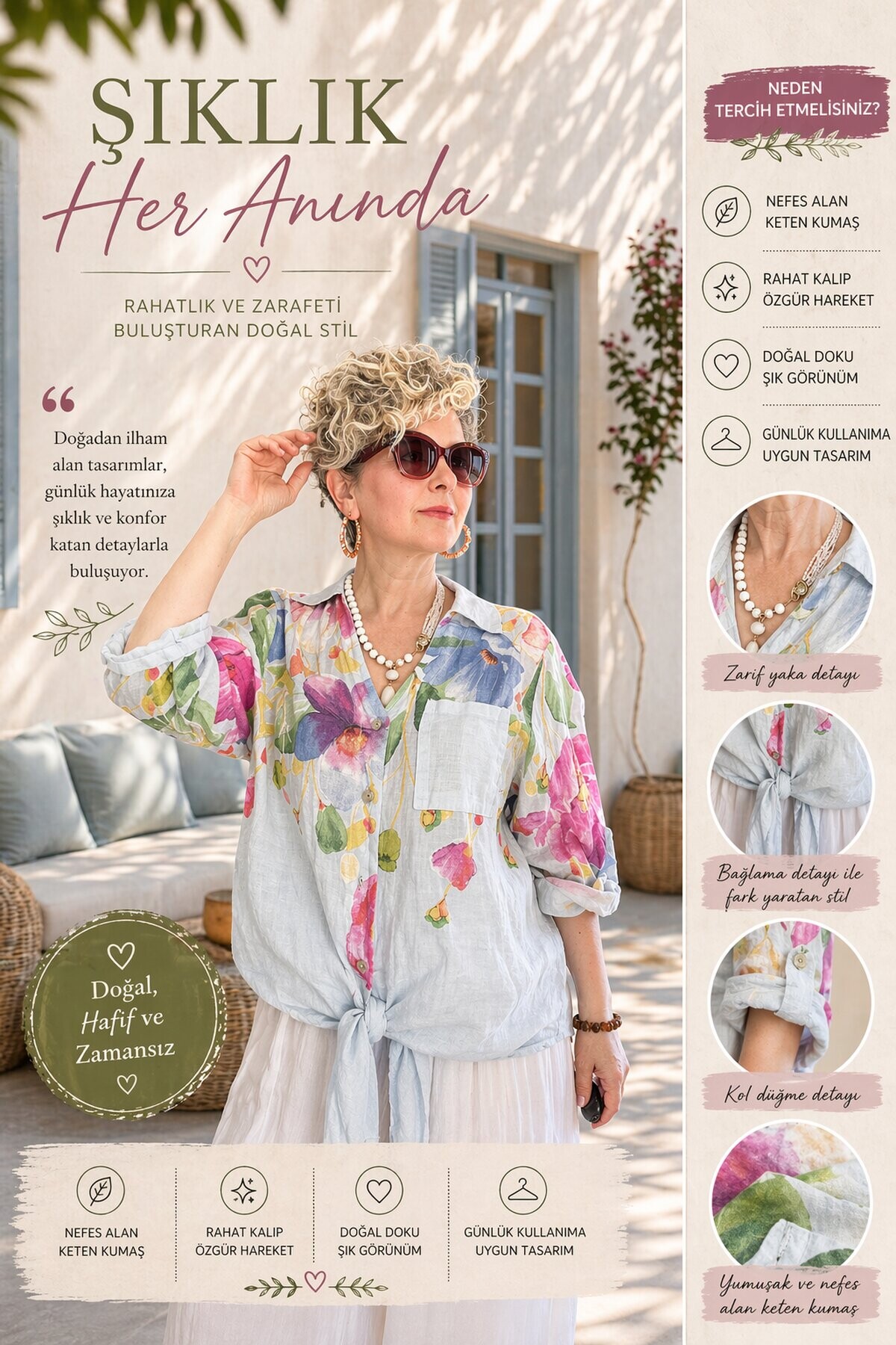 Flora İtalyan Floral Desenli Bağlamalı Linen Gömlek Bebe Mavi