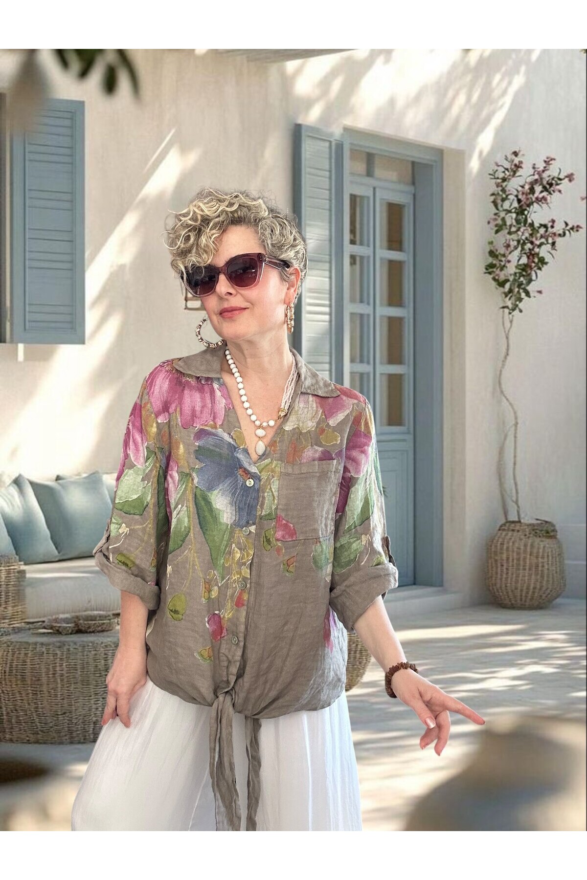 Flora İtalyan Floral Desenli Bağlamalı Linen Gömlek Fango