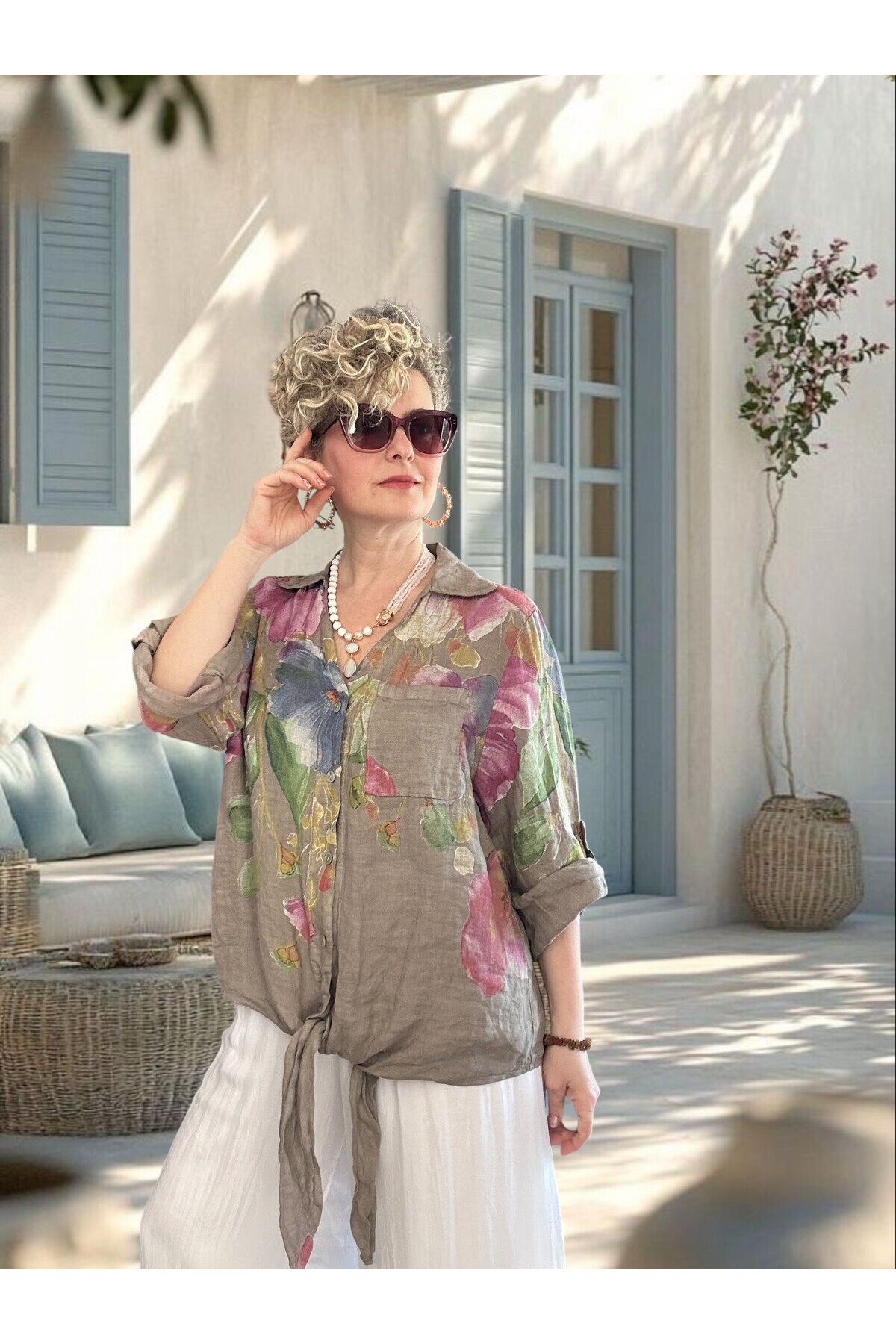 Flora İtalyan Floral Desenli Bağlamalı Linen Gömlek Fango